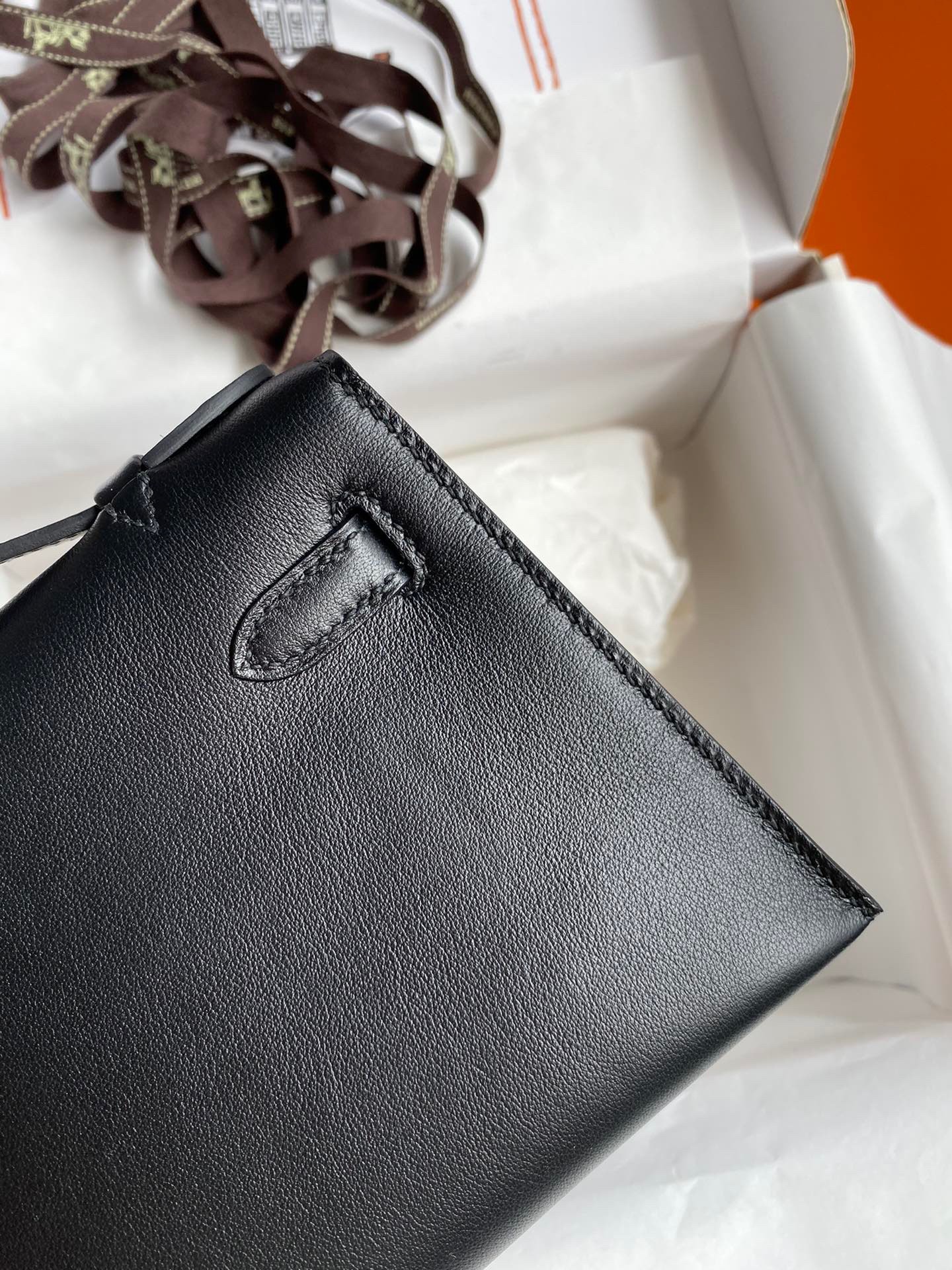 H**mes kelly pochette handmade bag in black swift calfskin