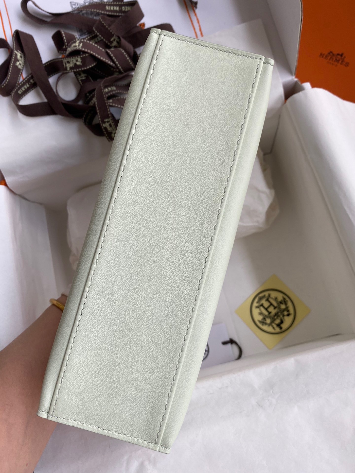 H**mes kelly pochette handmade bag in vert fizz swift calfskin