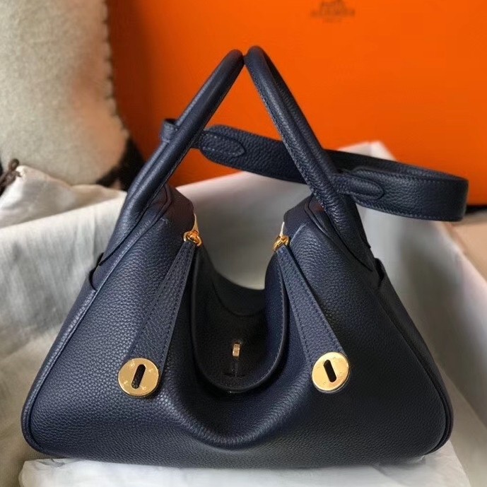 H**mes dark blue clemence lindy 30cm bag with ghw