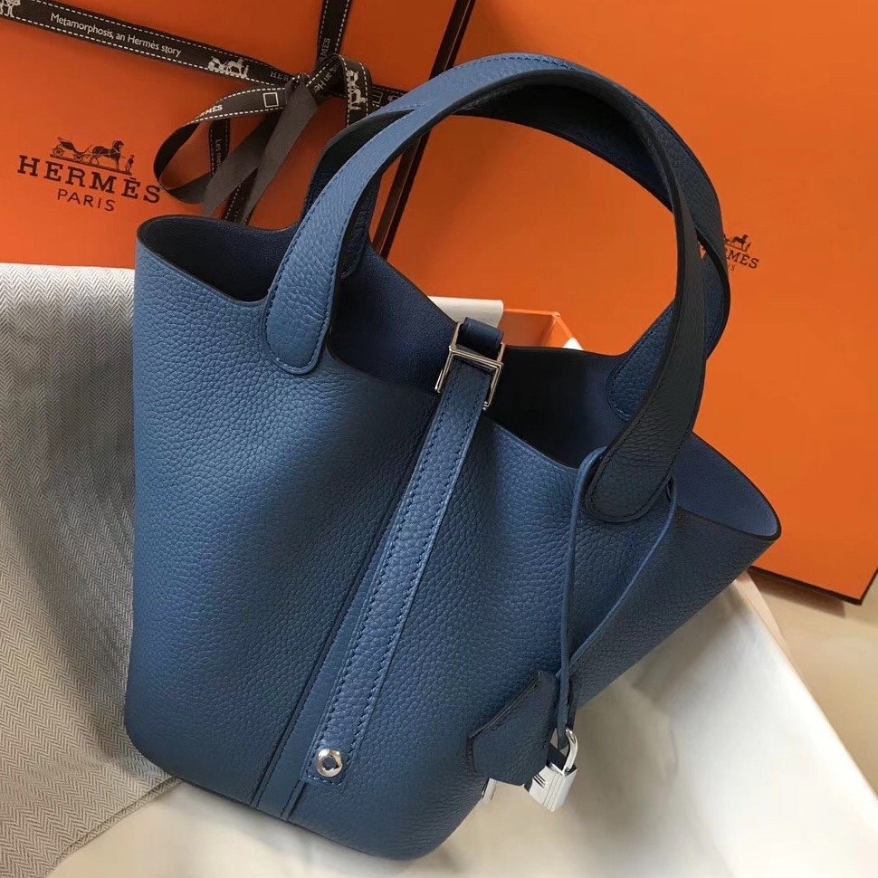 H**mes picotin lock 18 bag in blue agate clemence leather