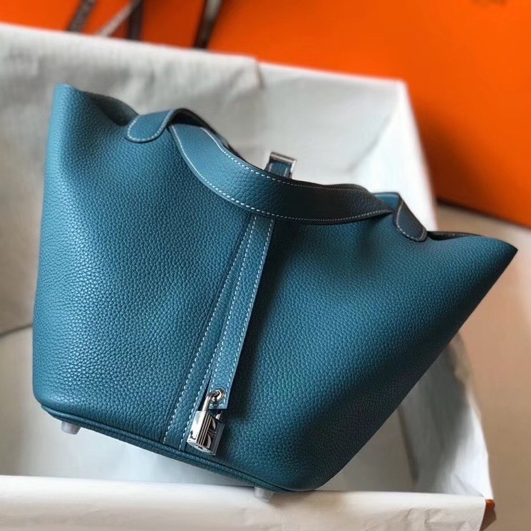 H**mes picotin lock 22 bag in blue jean clemence leather