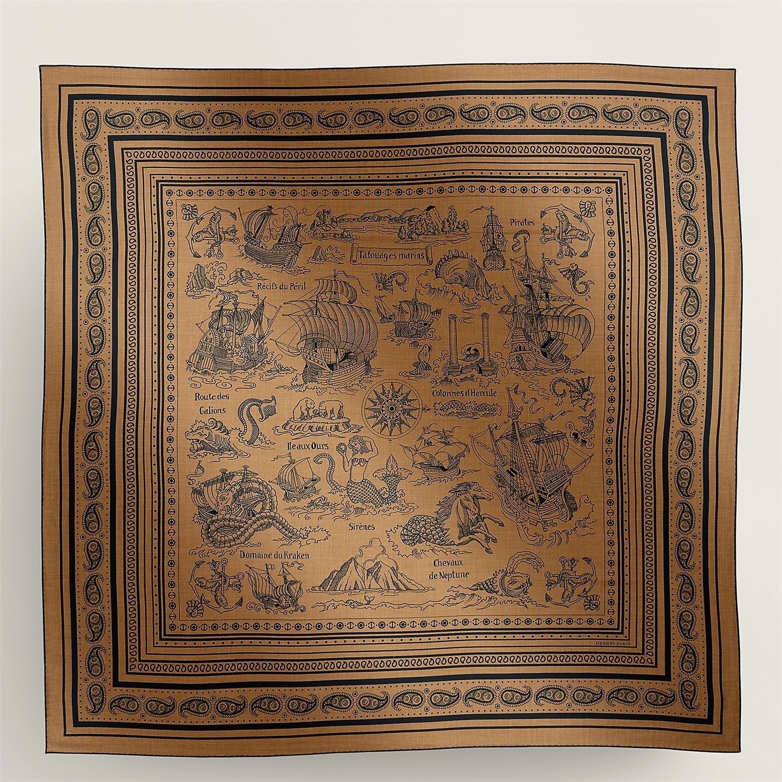 H**mes caramel tatouages marins bandana shawl 140