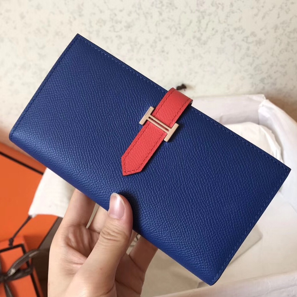H**mes bi-color epsom bearn wallet electric blue/piment
