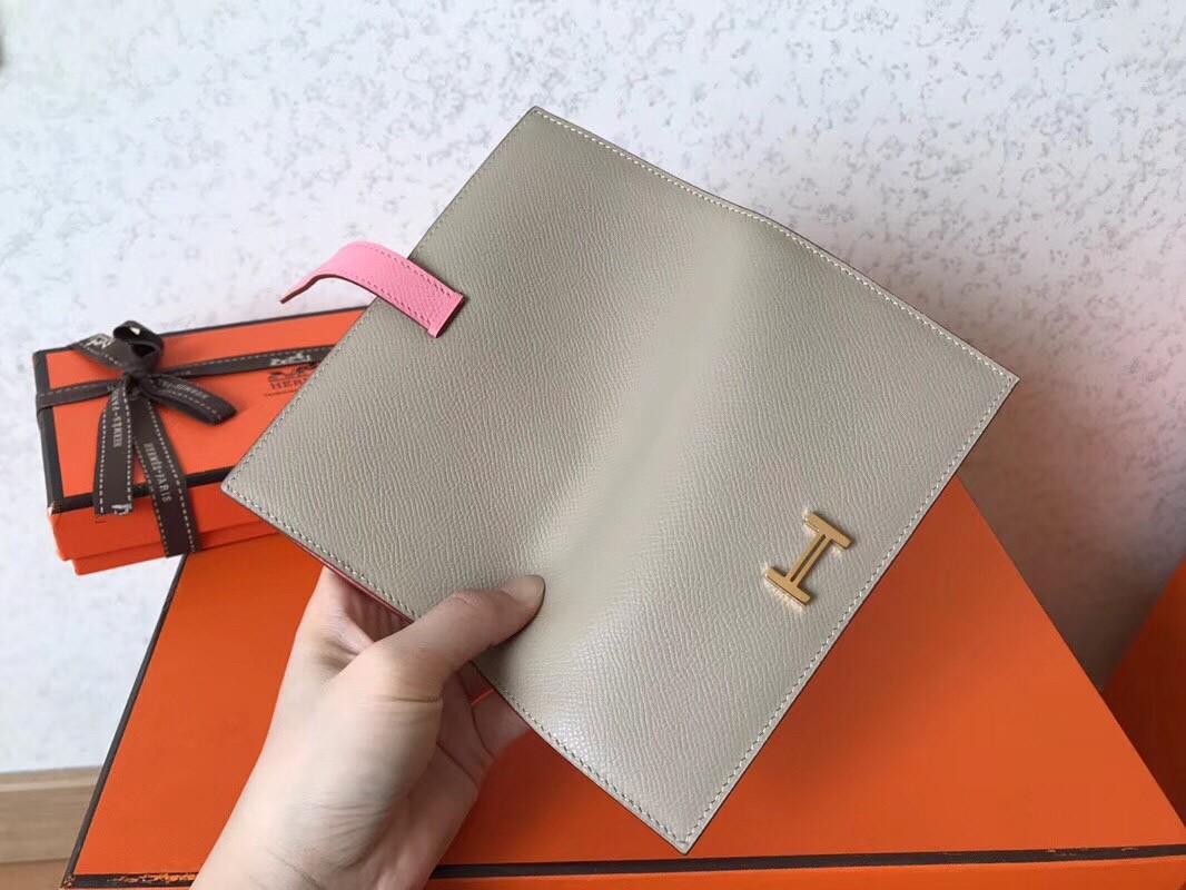 H**mes bi-color epsom bearn wallet grey/pink