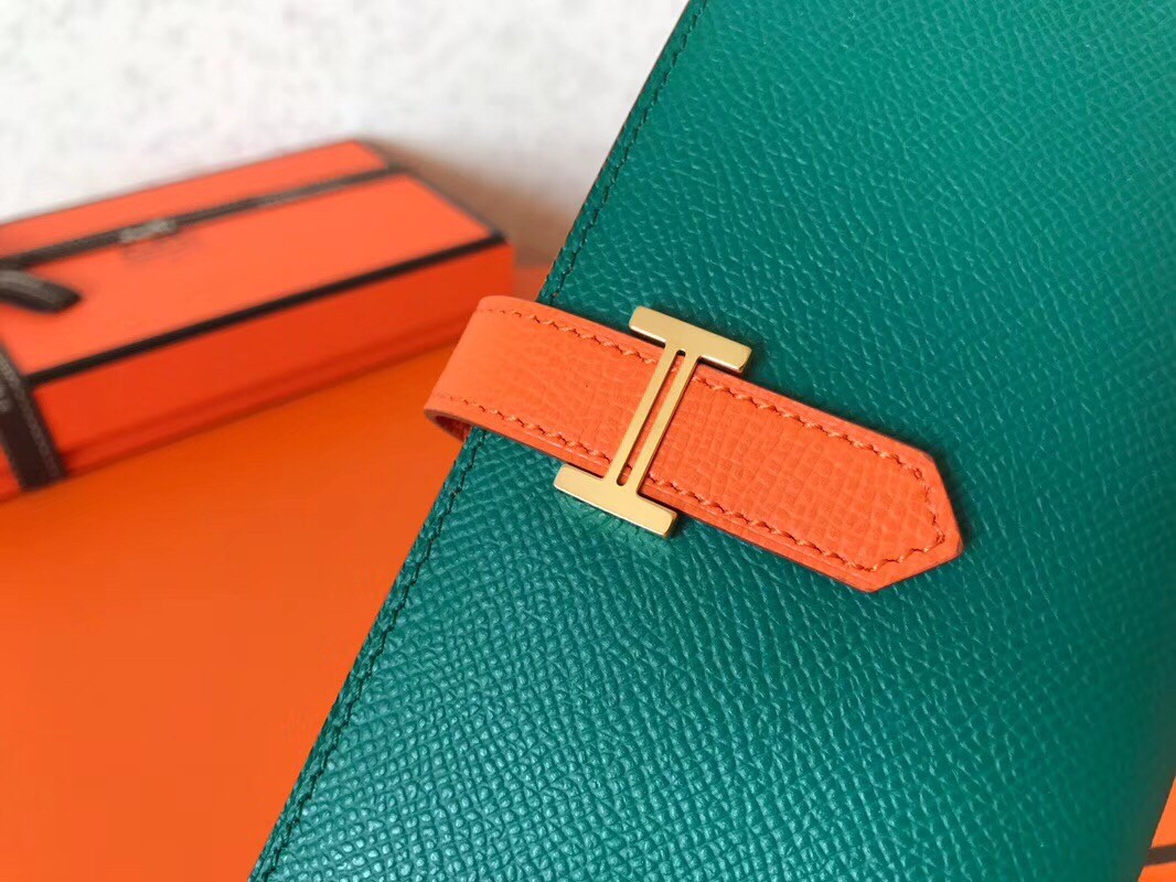 H**mes bi-color epsom bearn wallet malachite/orange