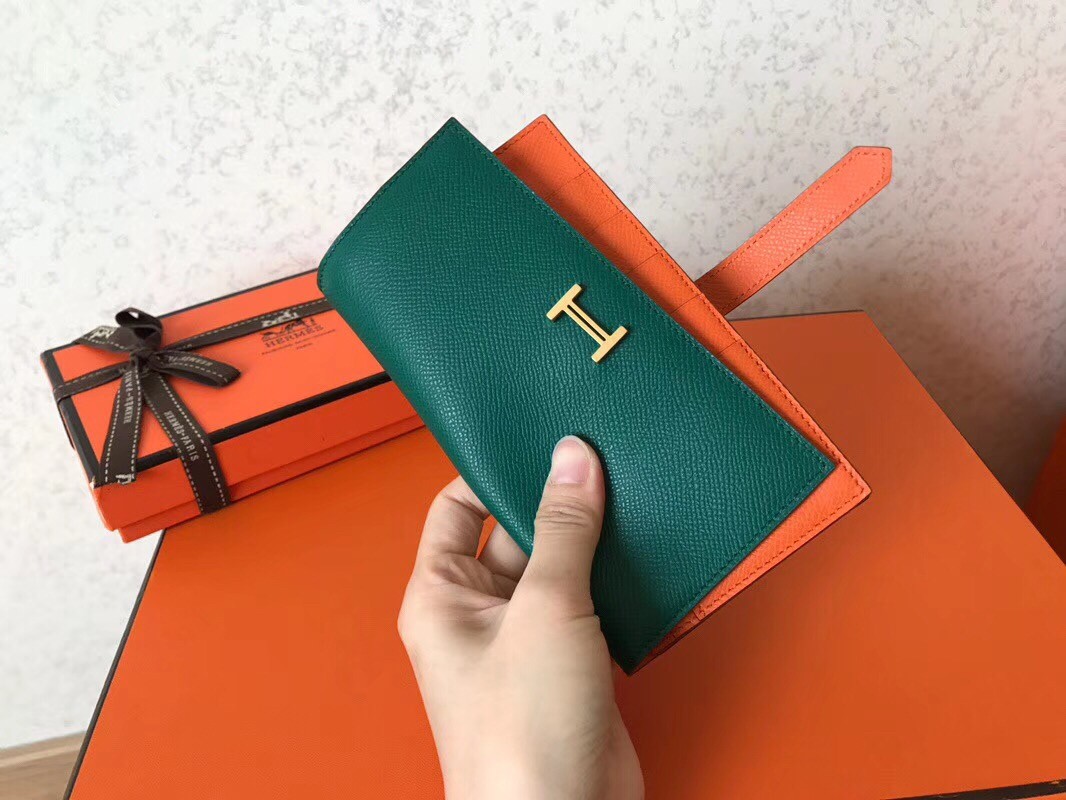 H**mes bi-color epsom bearn wallet malachite/orange