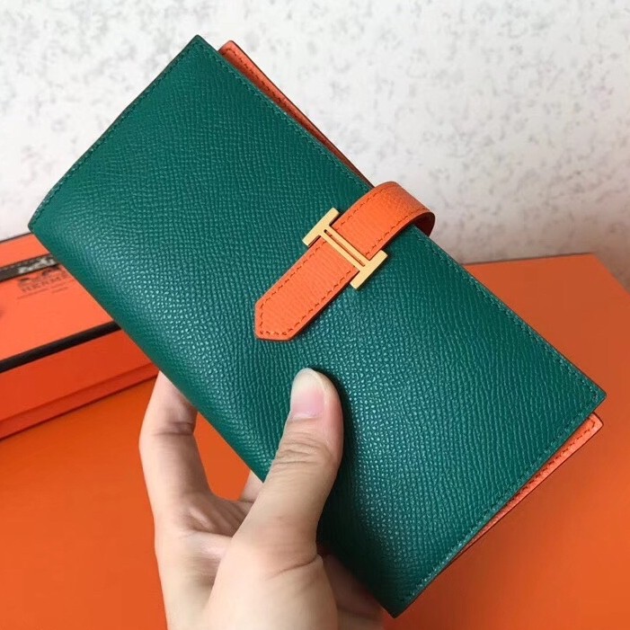 H**mes bi-color epsom bearn wallet malachite/orange