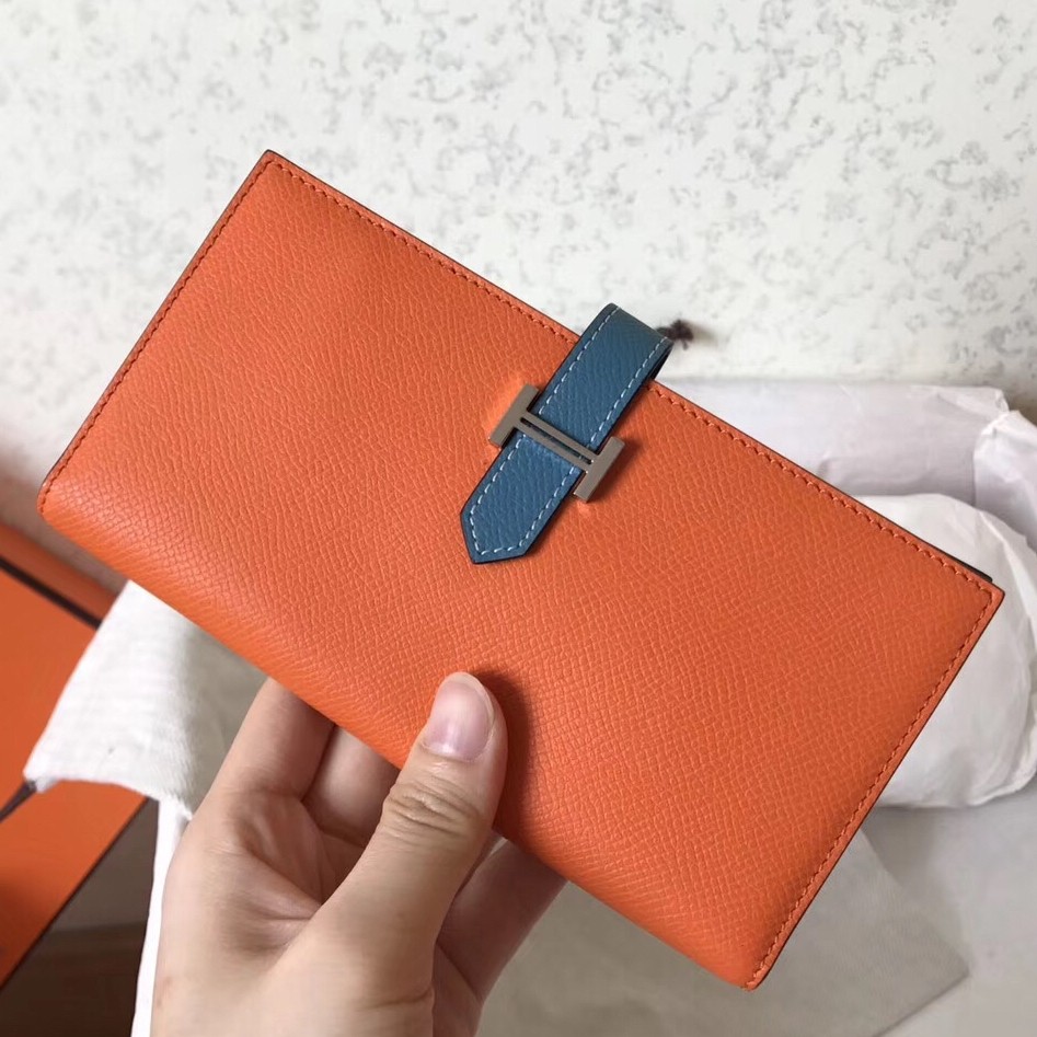 H**mes bi-color epsom bearn wallet orange/blue jean