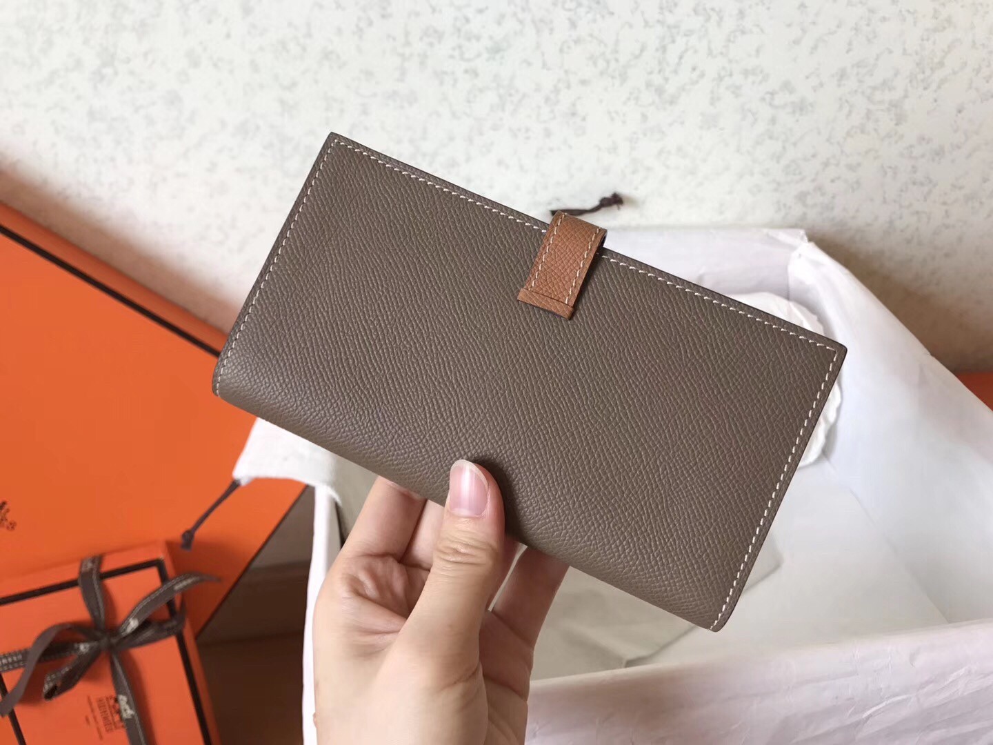 H**mes bi-color epsom bearn wallet taupe/brown