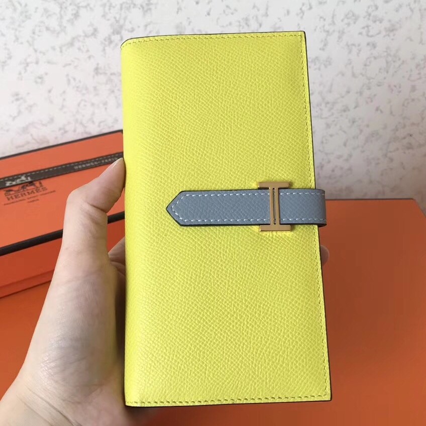 H**mes bi-color epsom bearn wallet soufre/blue lin