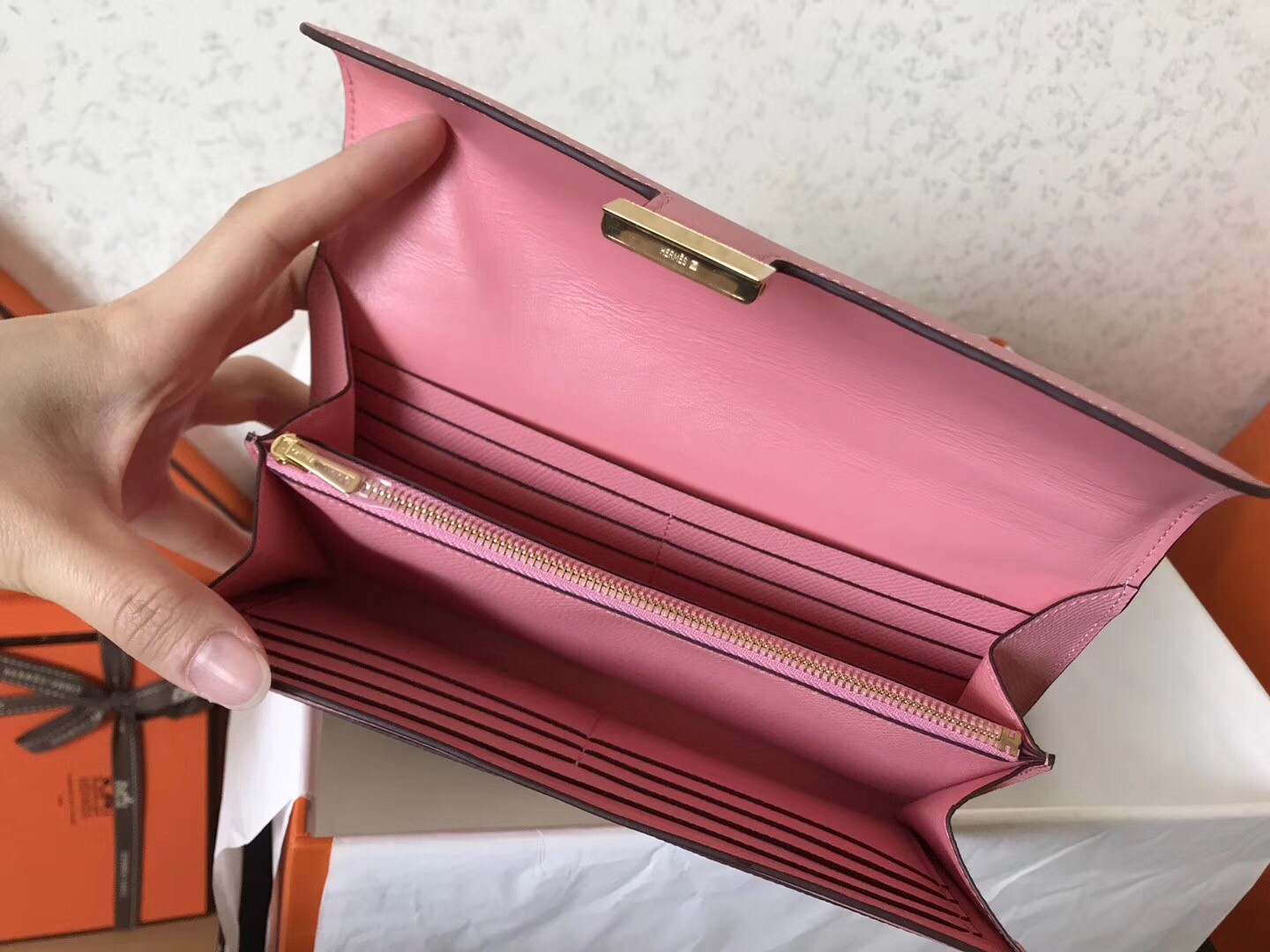 H**mes pink epsom constance long wallet