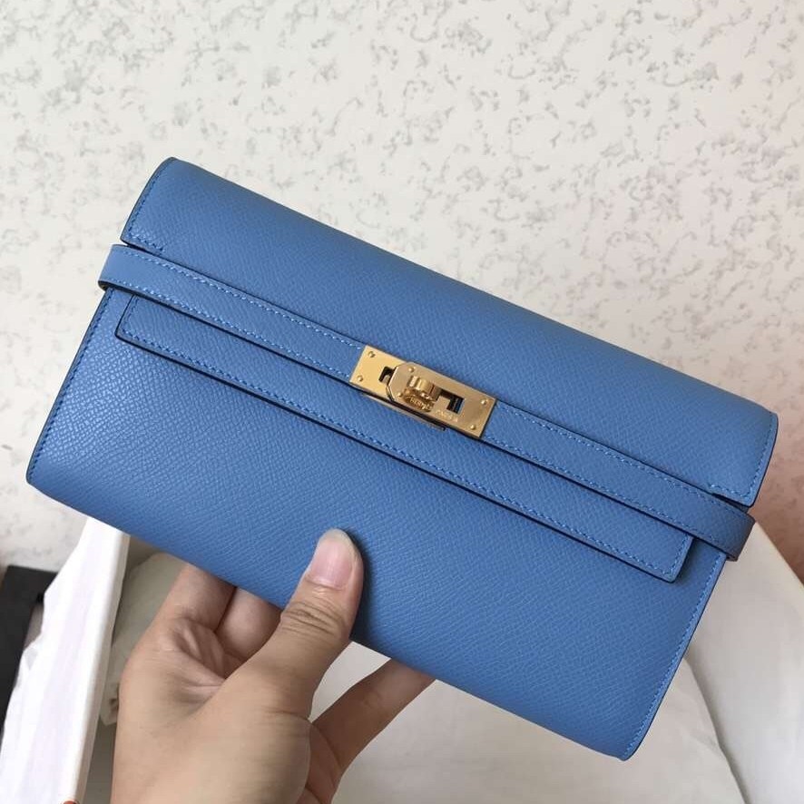 H**mes kelly classic long wallet in blue jean epsom leather