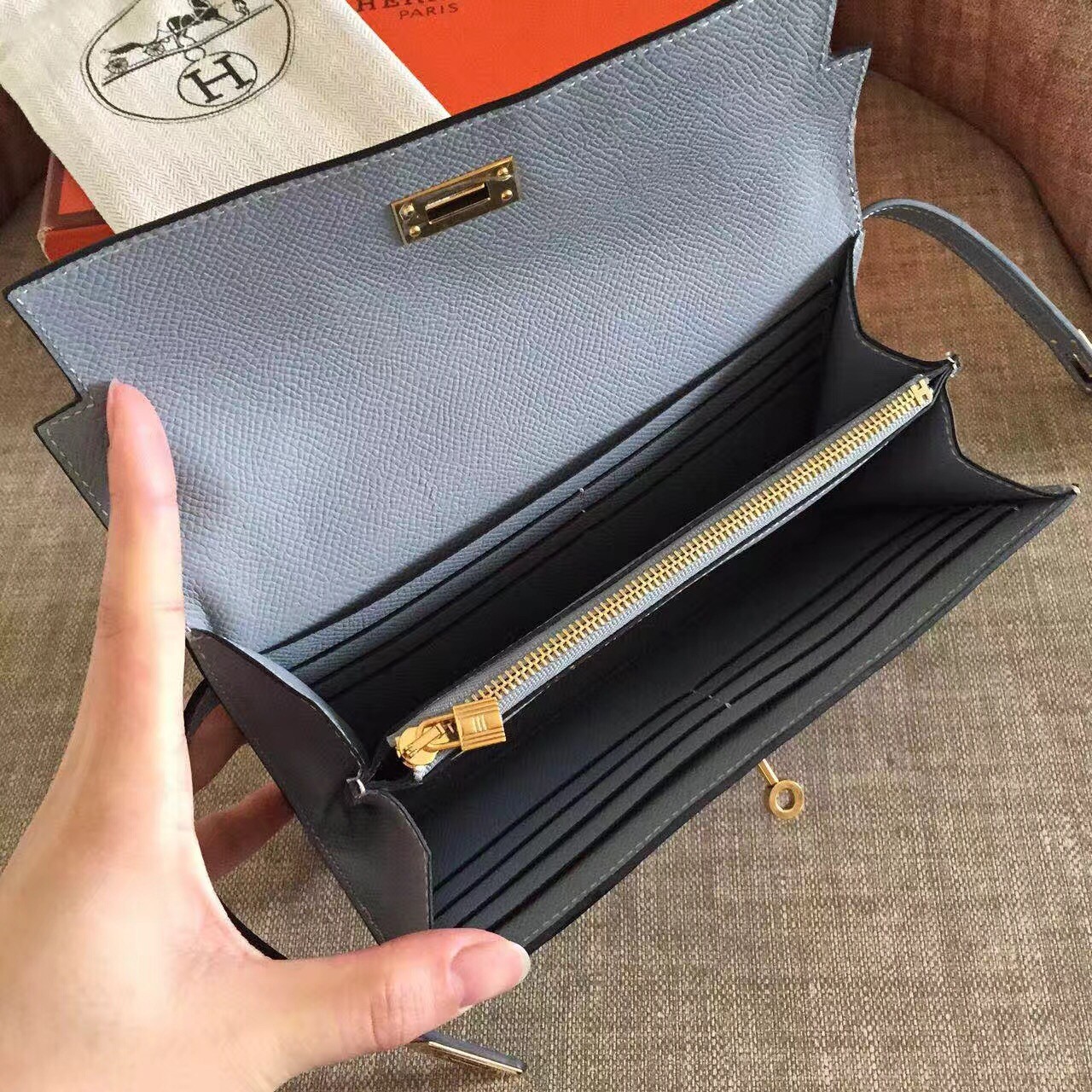 H**mes kelly classic long wallet in ciel epsom leather