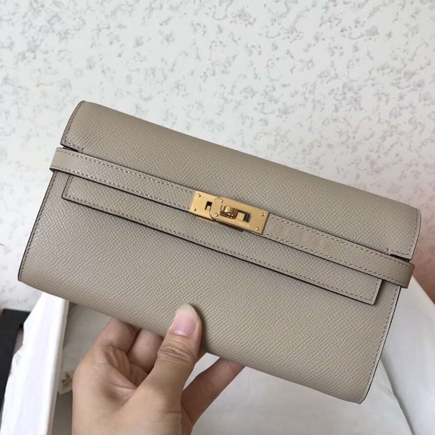 H**mes kelly classic long wallet in grey epsom leather