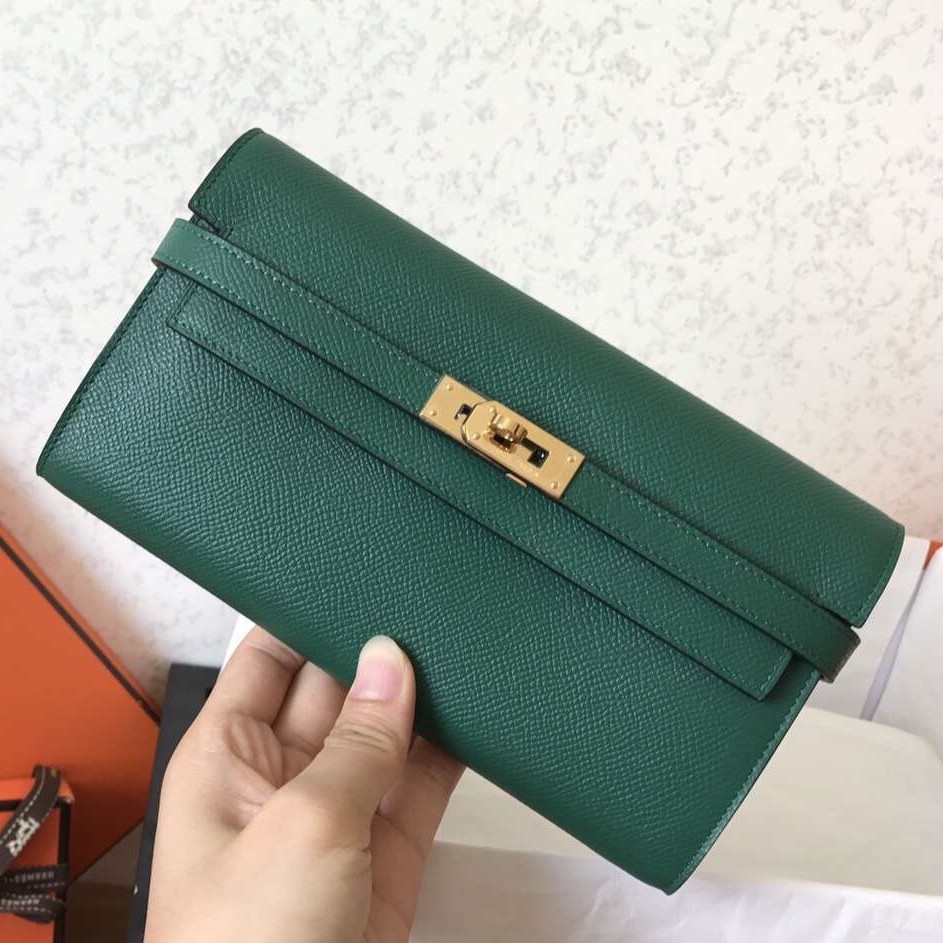 H**mes kelly classic long wallet in malachite epsom leather
