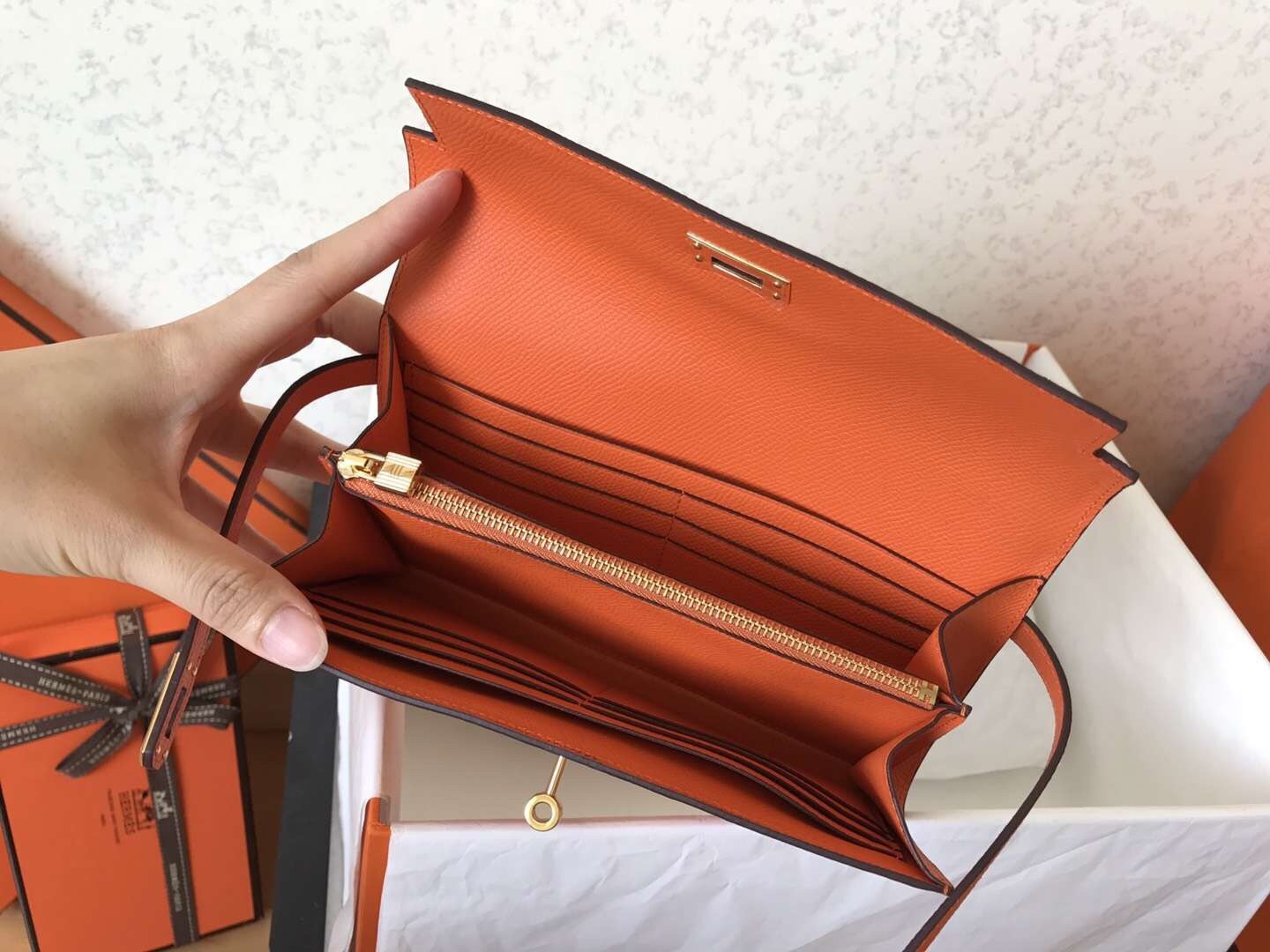 H**mes kelly classic long wallet in orange epsom leather