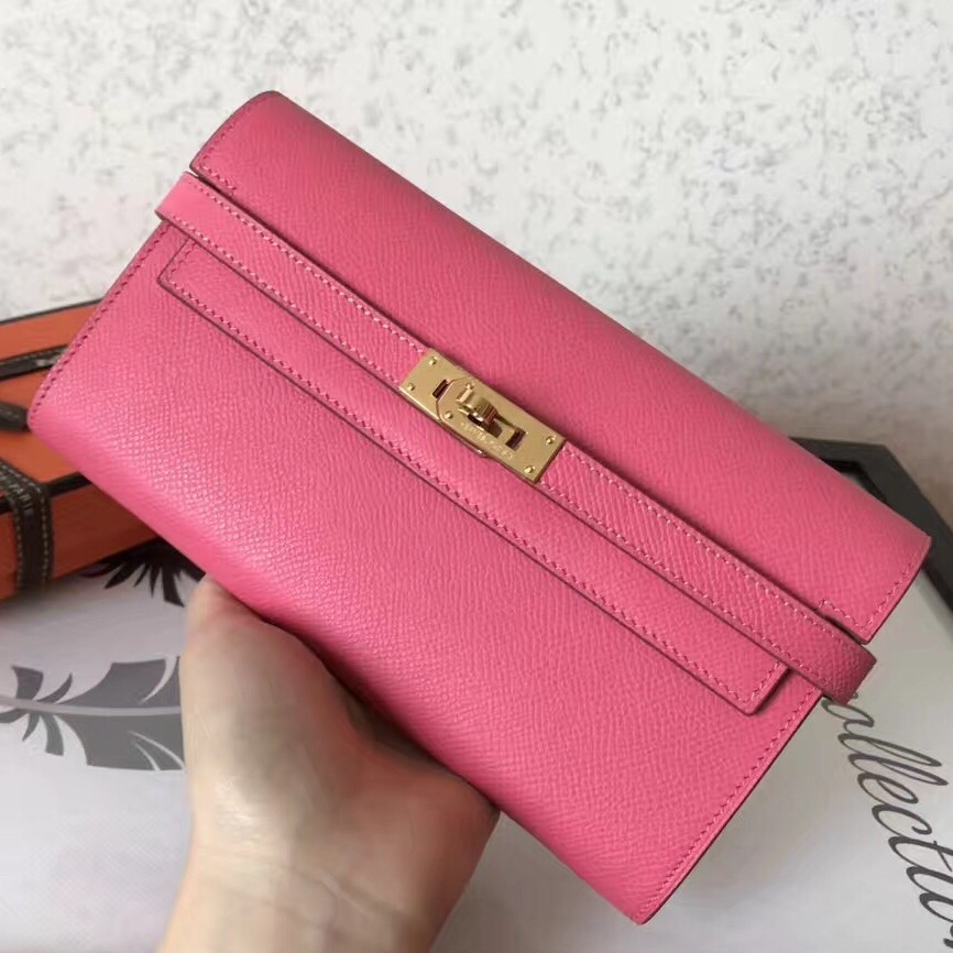 H**mes kelly classic long wallet in pink epsom leather