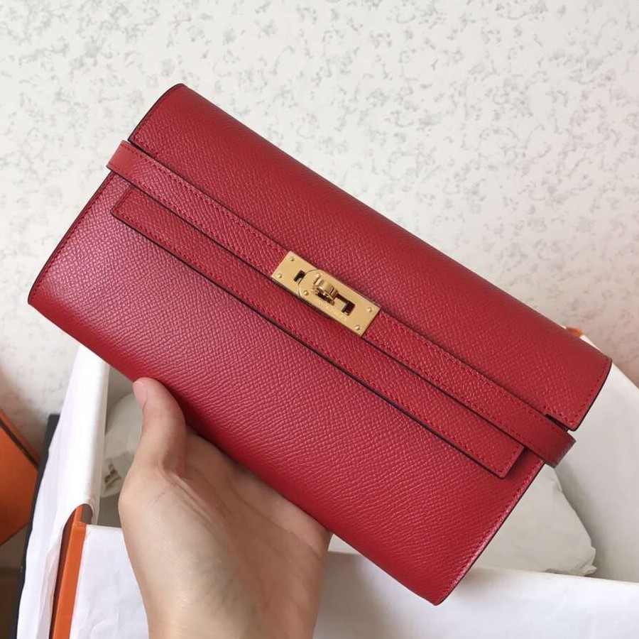 H**mes kelly classic long wallet in red epsom leather