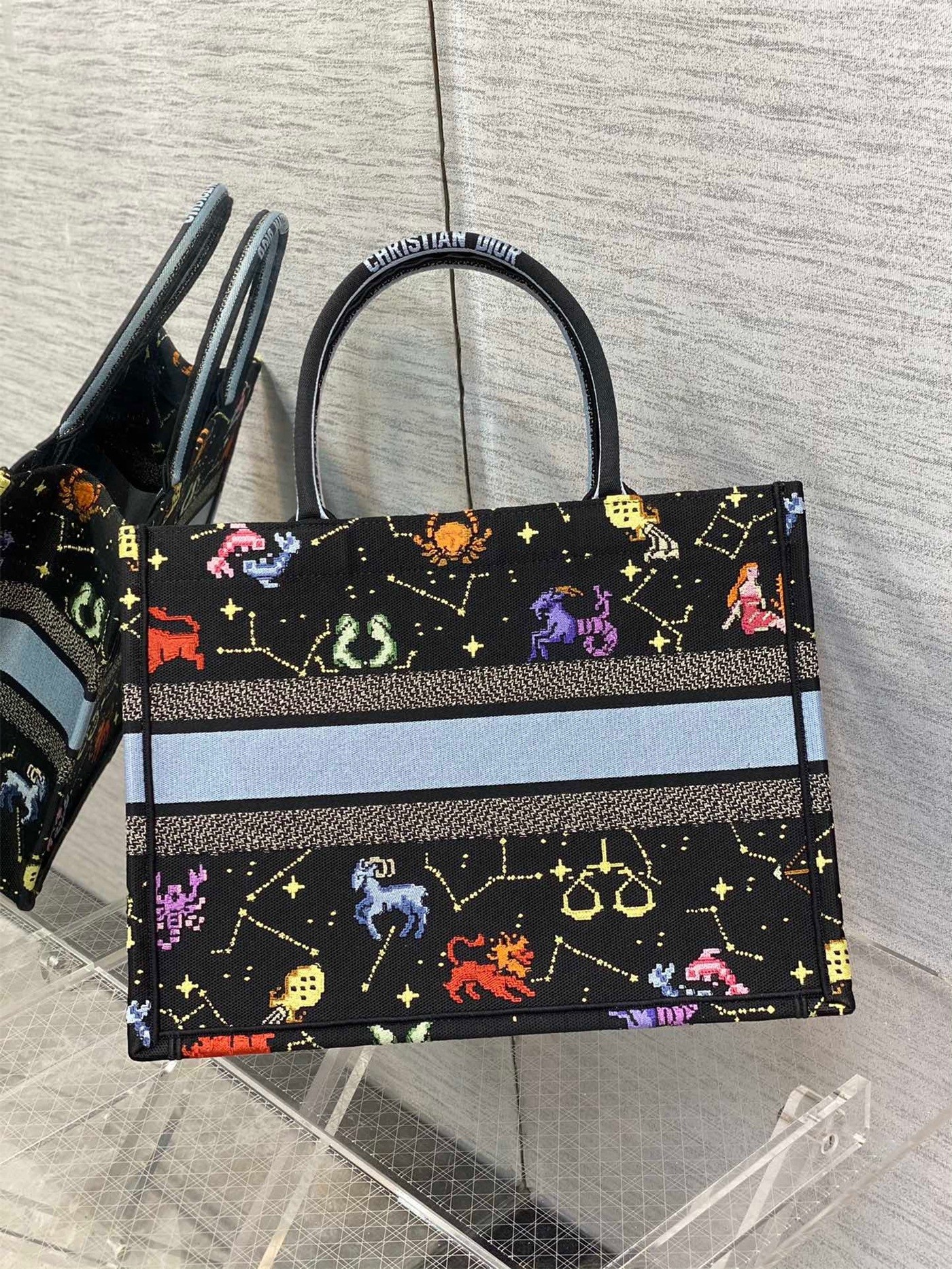 D*or medium book tote bag in black pixel zodiac embroidery