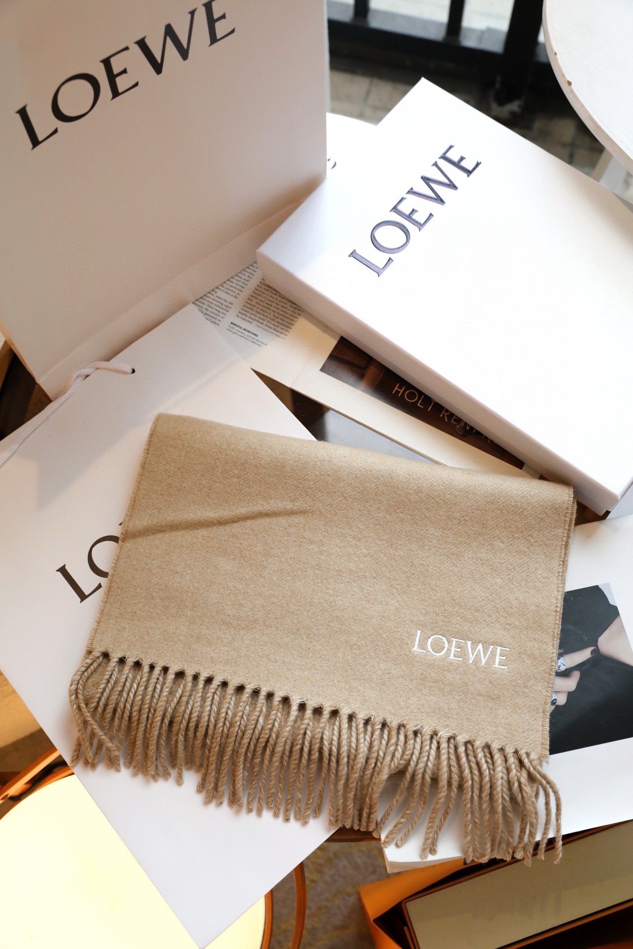 L0ew* anagram scarf in camel wool and cashmere