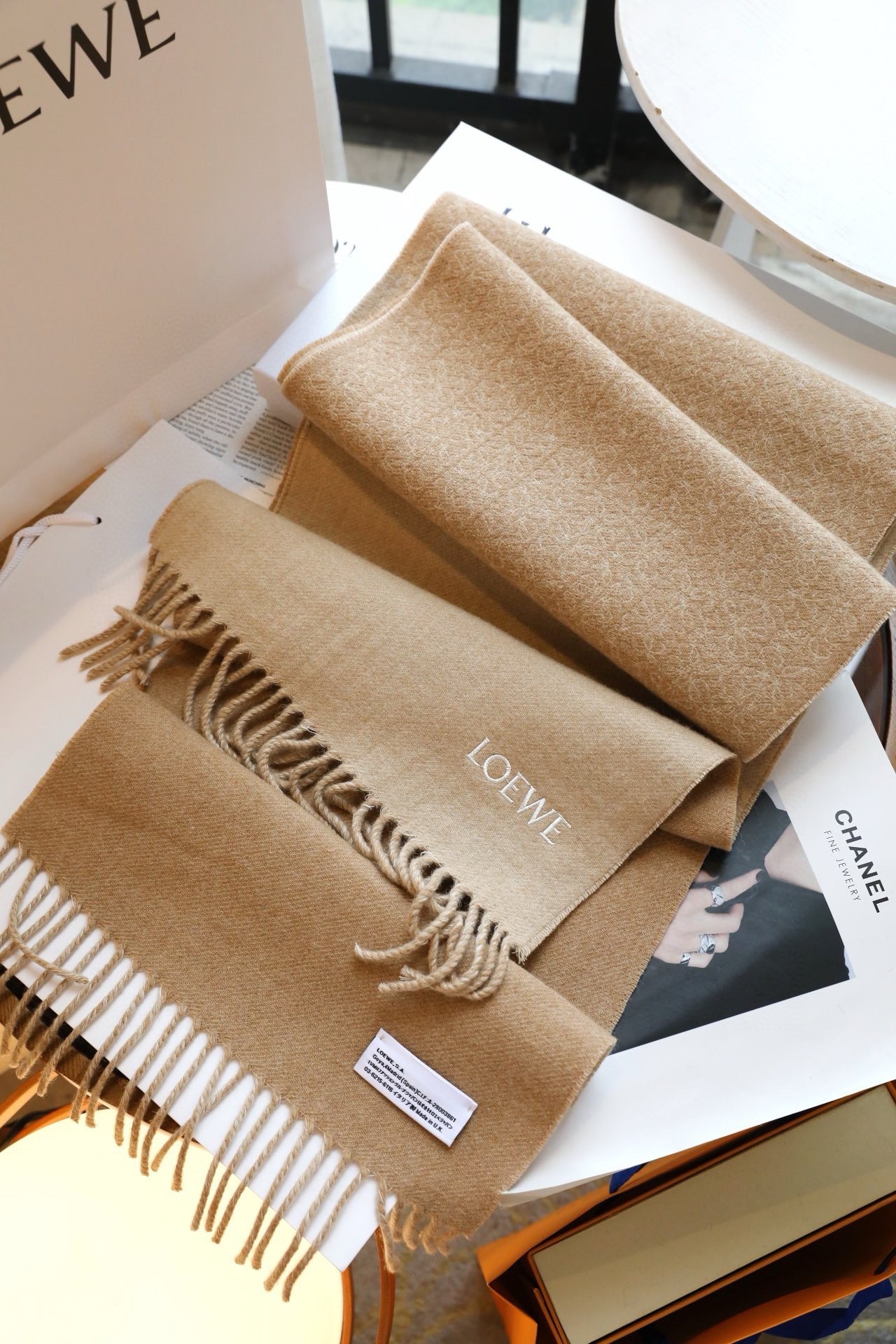 L0ew* anagram scarf in camel wool and cashmere