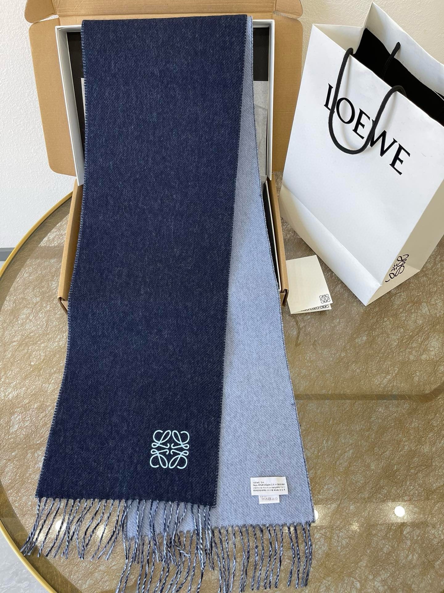 L0ew* double f**e scarf in navy/light blue wool and cashmere