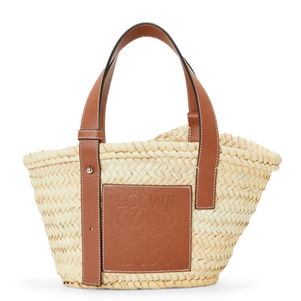 L0ew* small basket bag in raffia and brown calfskin