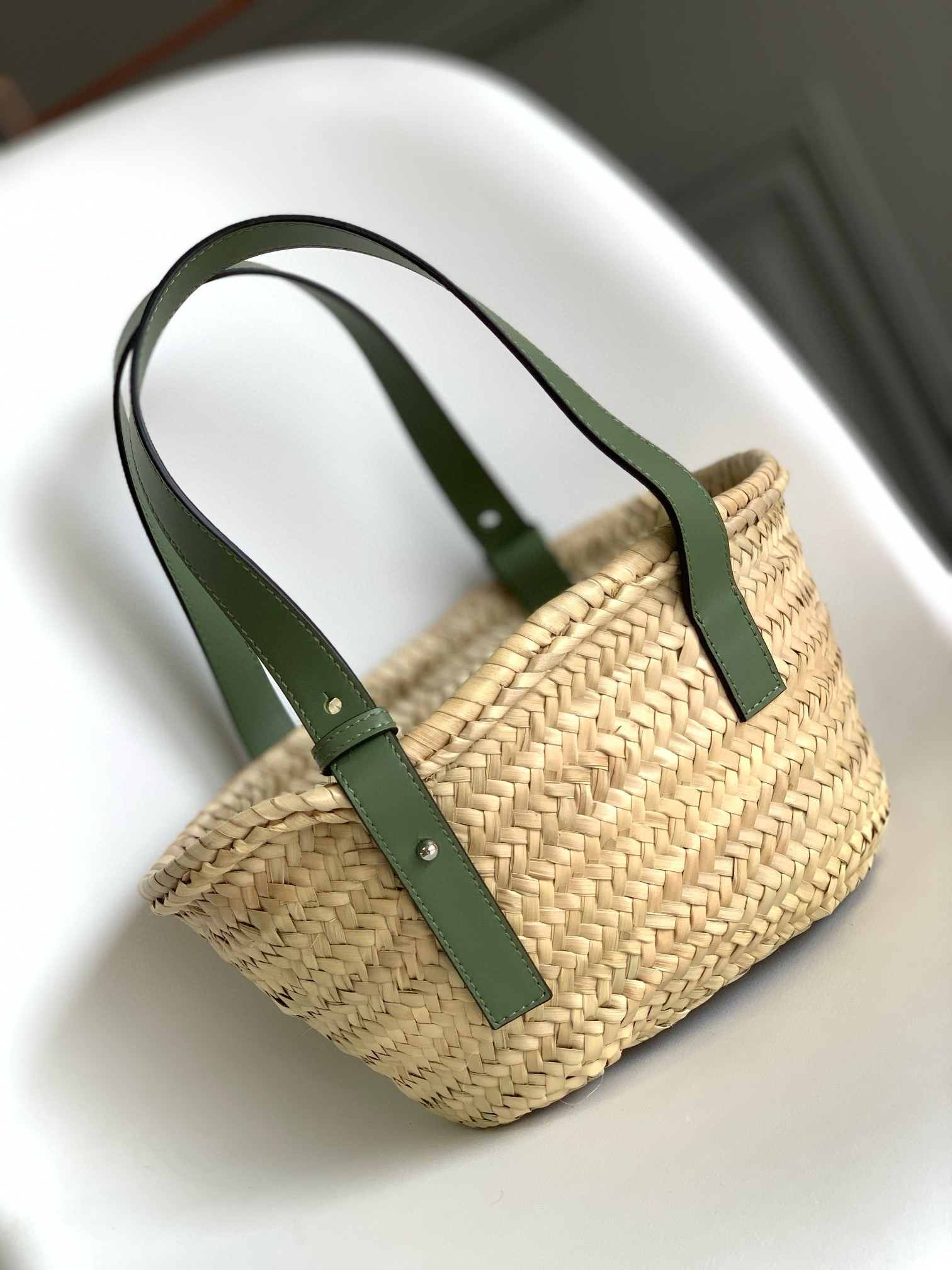 L0ew* small basket bag in raffia and rosemary calfskin
