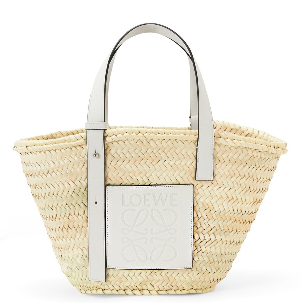 L0ew* medium basket bag in raffia and white calfskin