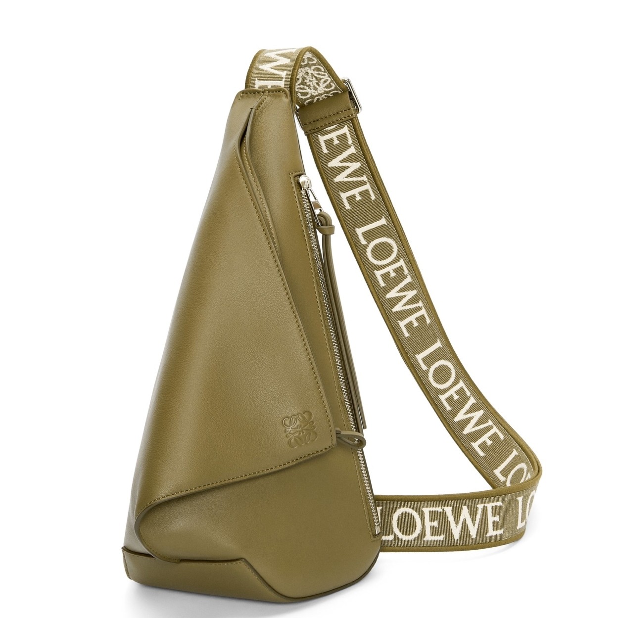 L0ew* anton sling bag in olive calfskin and jacquard