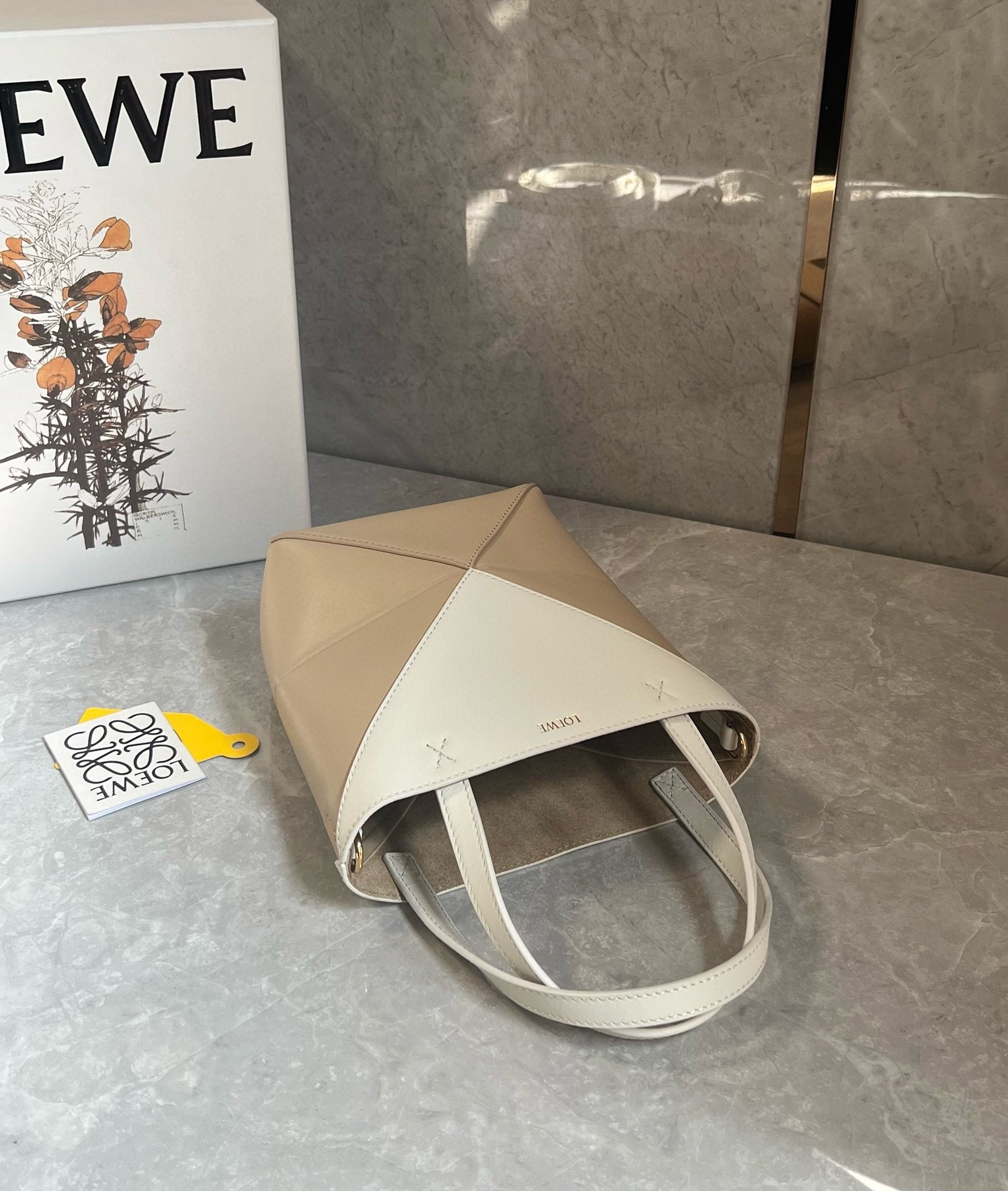 L0ew* mini puzzle fold tote bag in white/beige calfskin