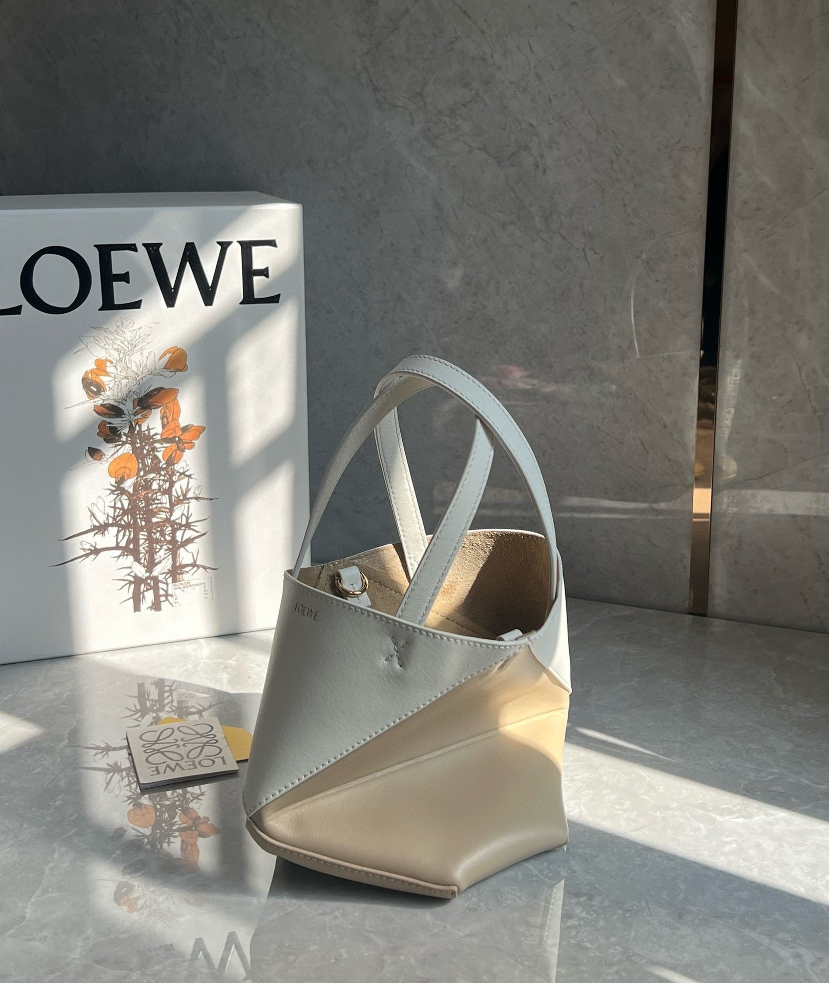 L0ew* mini puzzle fold tote bag in white/beige calfskin