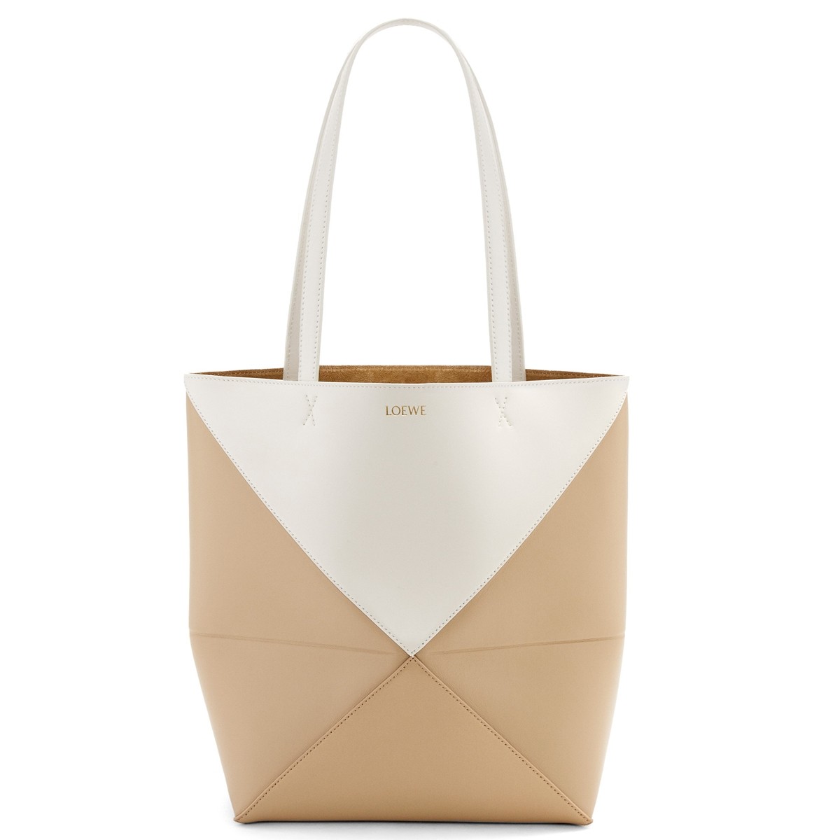 L0ew* medium puzzle fold tote bag in white/beige calfskin