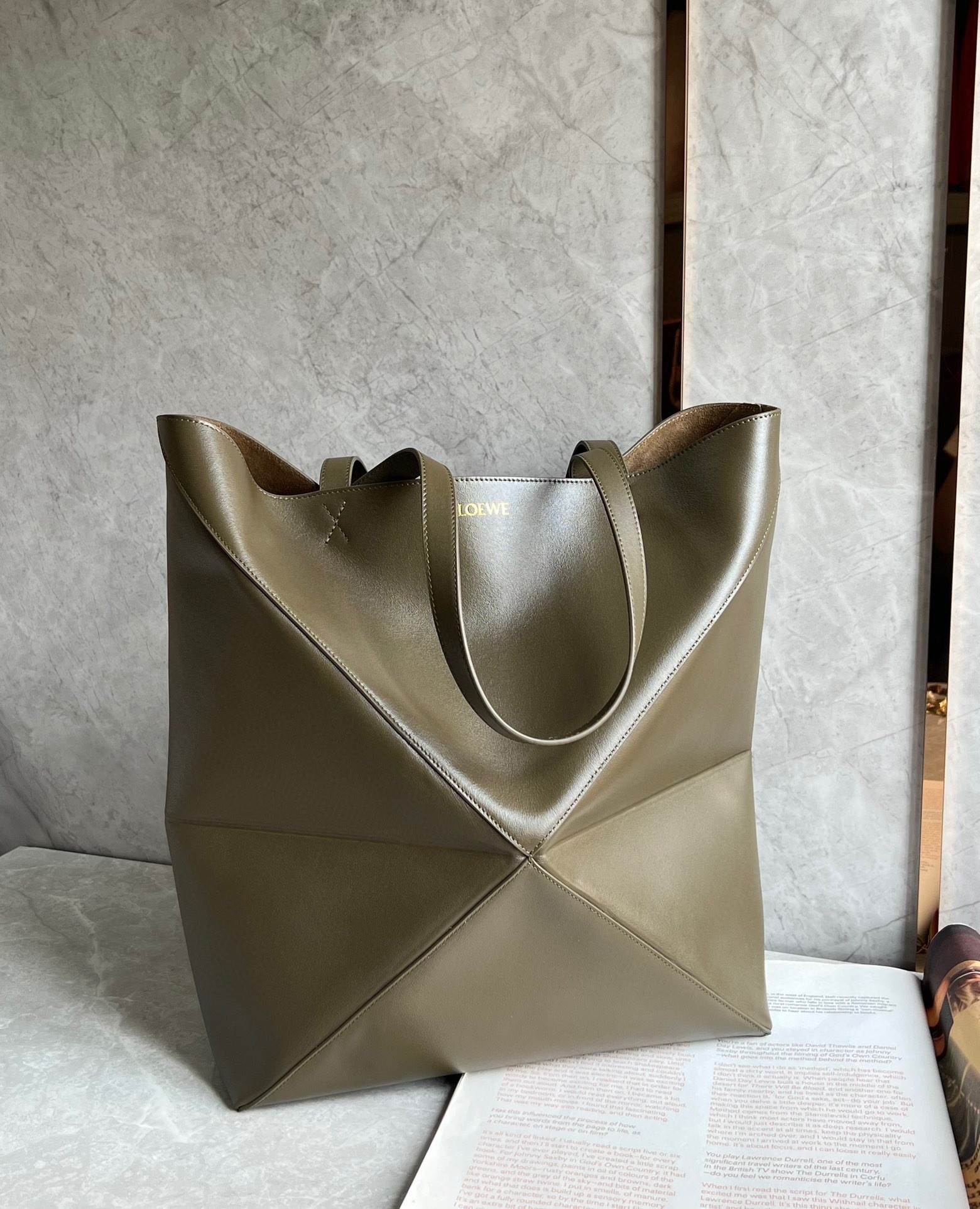 L0ew* large puzzle fold tote bag in dark green calfskin
