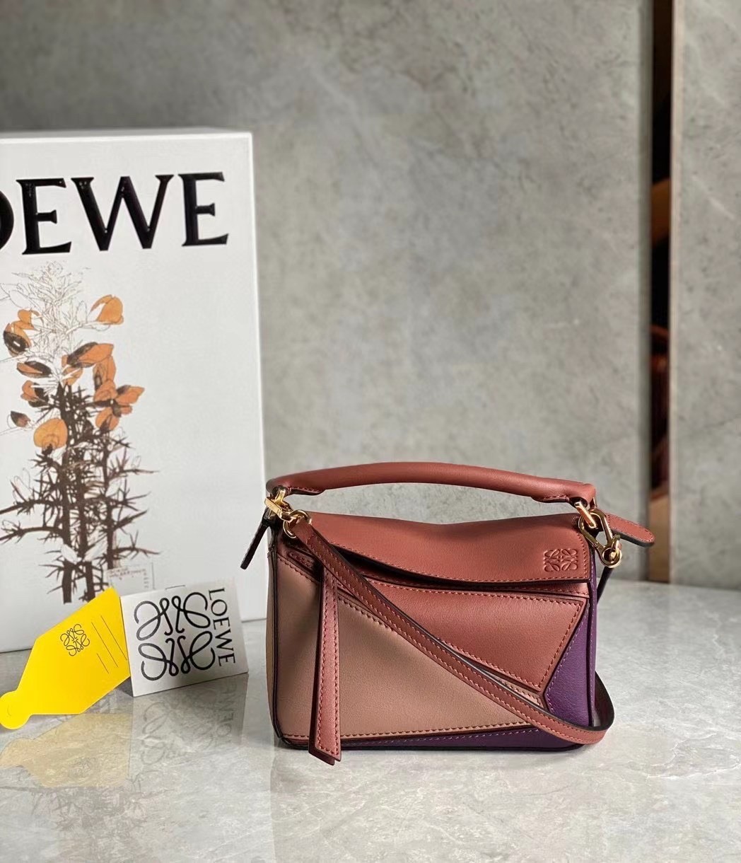 L0ew* puzzle mini bag in purple/caramel/blossom calfskin
