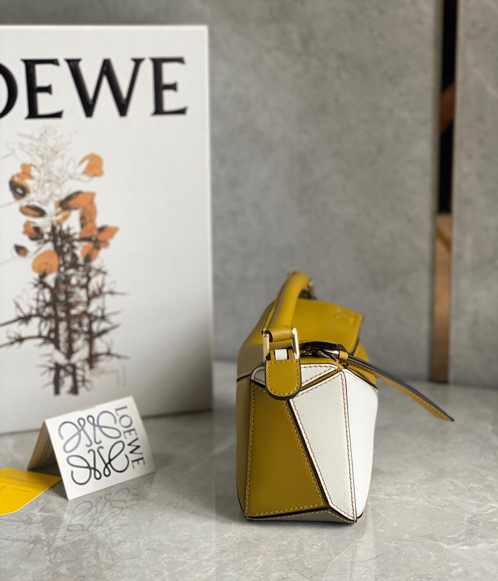 L0ew* puzzle mini bag in ochre/white/taupe calfskin