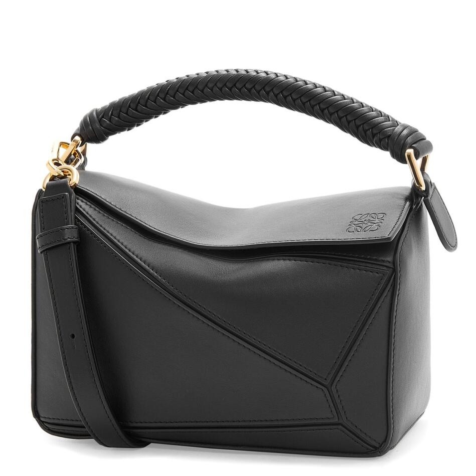 L0ew* puzzle small bag in black calfskin with woven handle