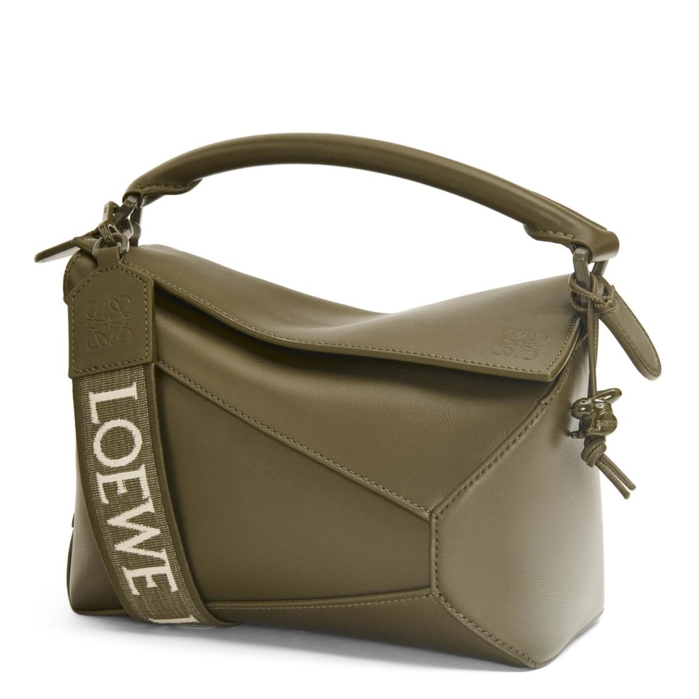 L0ew* puzzle edge small bag in khaki green satin calfskin
