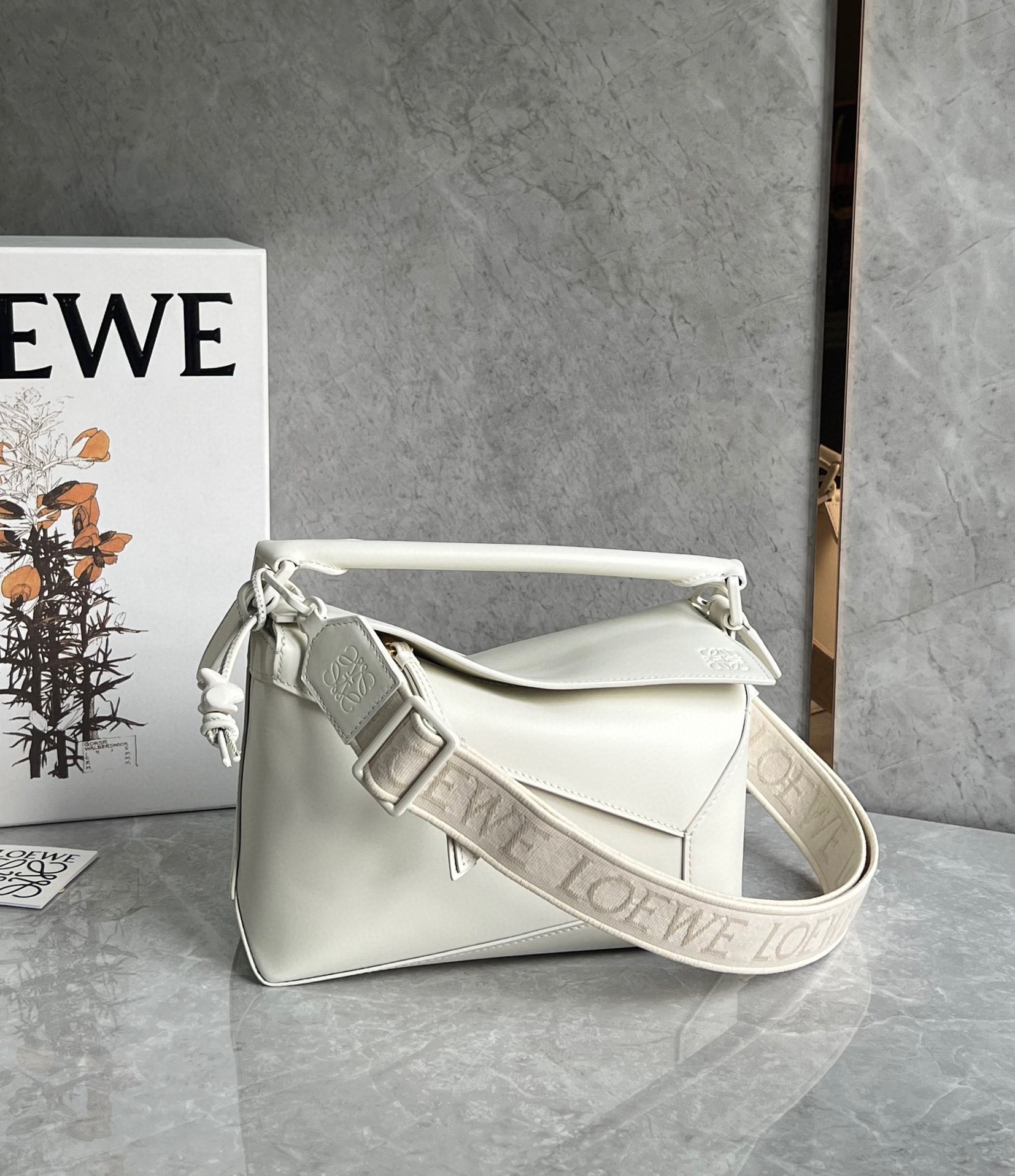 L0ew* puzzle edge small bag in white satin calfskin