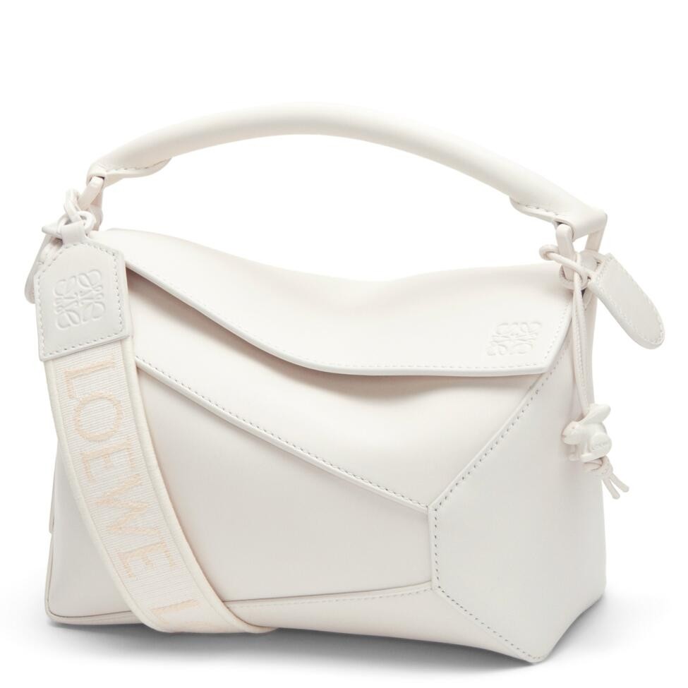 L0ew* puzzle edge small bag in white satin calfskin