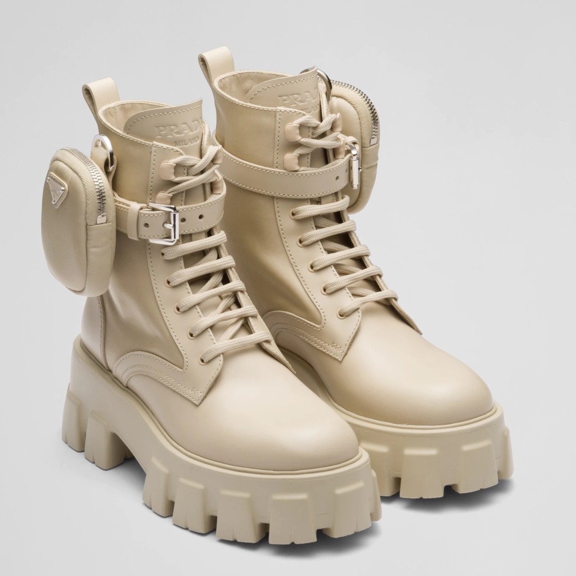 Pra*a monolith boots in beige leather and nylon fabric