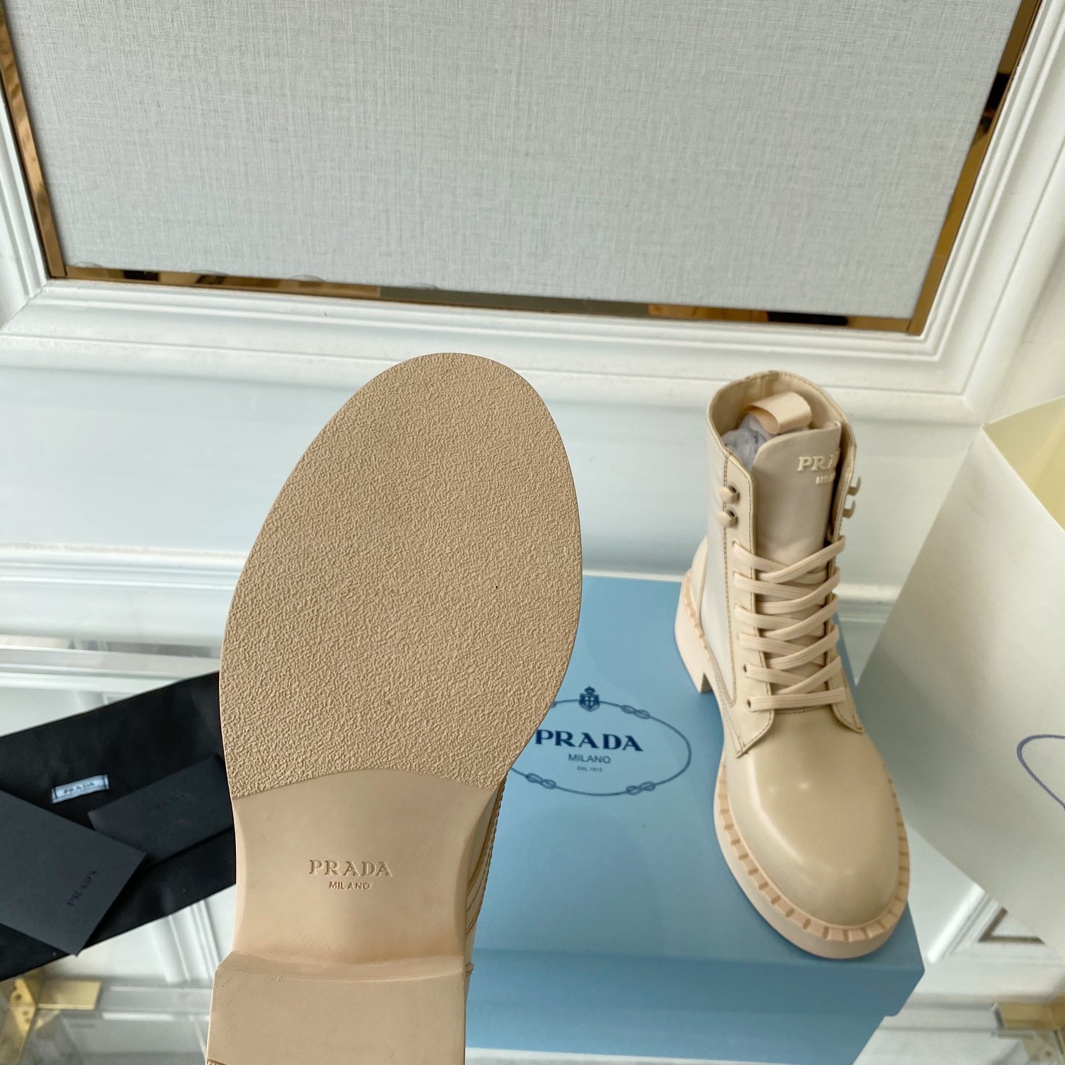 Pra*a ankle boots in beige brushed leather and re-nylon