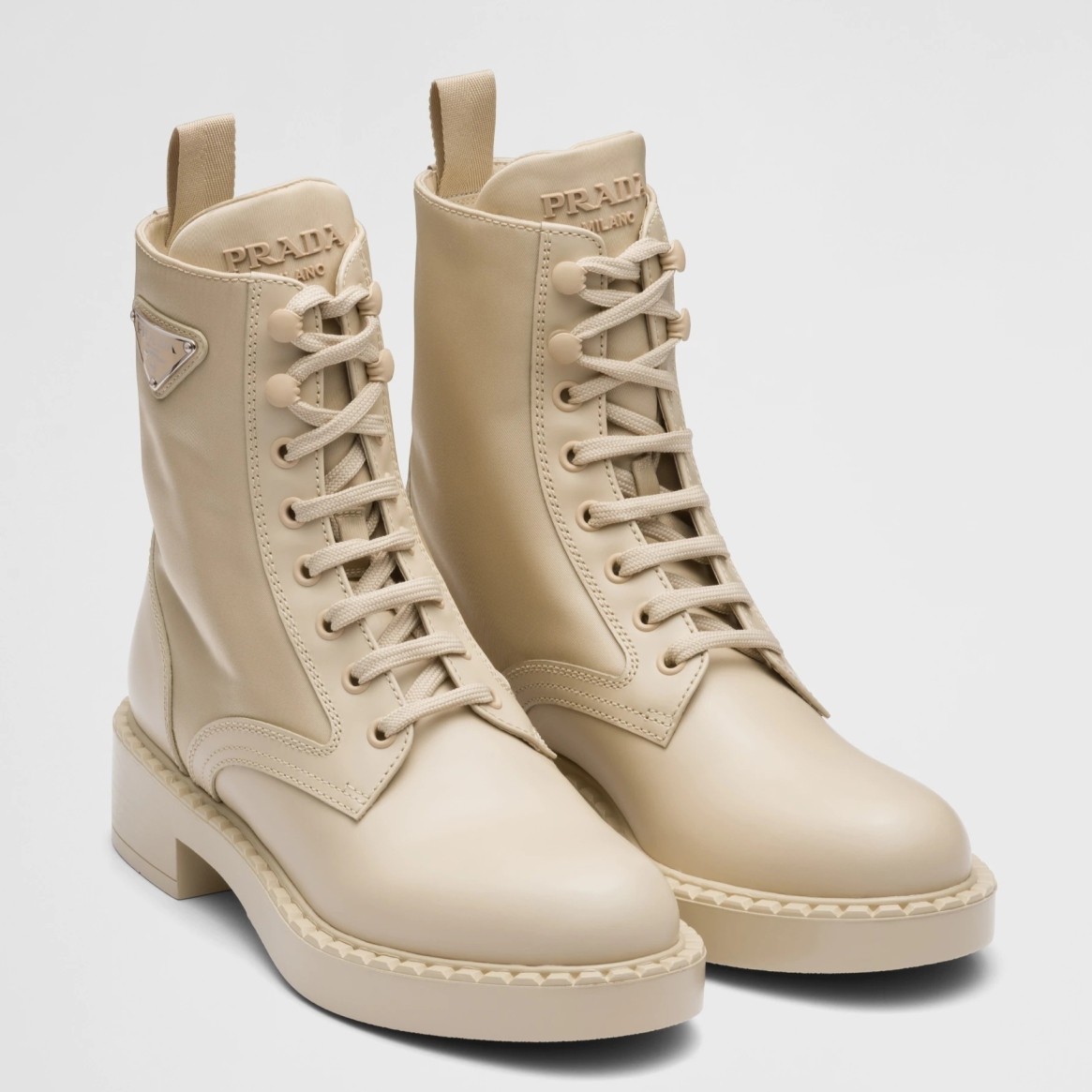Pra*a ankle boots in beige brushed leather and re-nylon