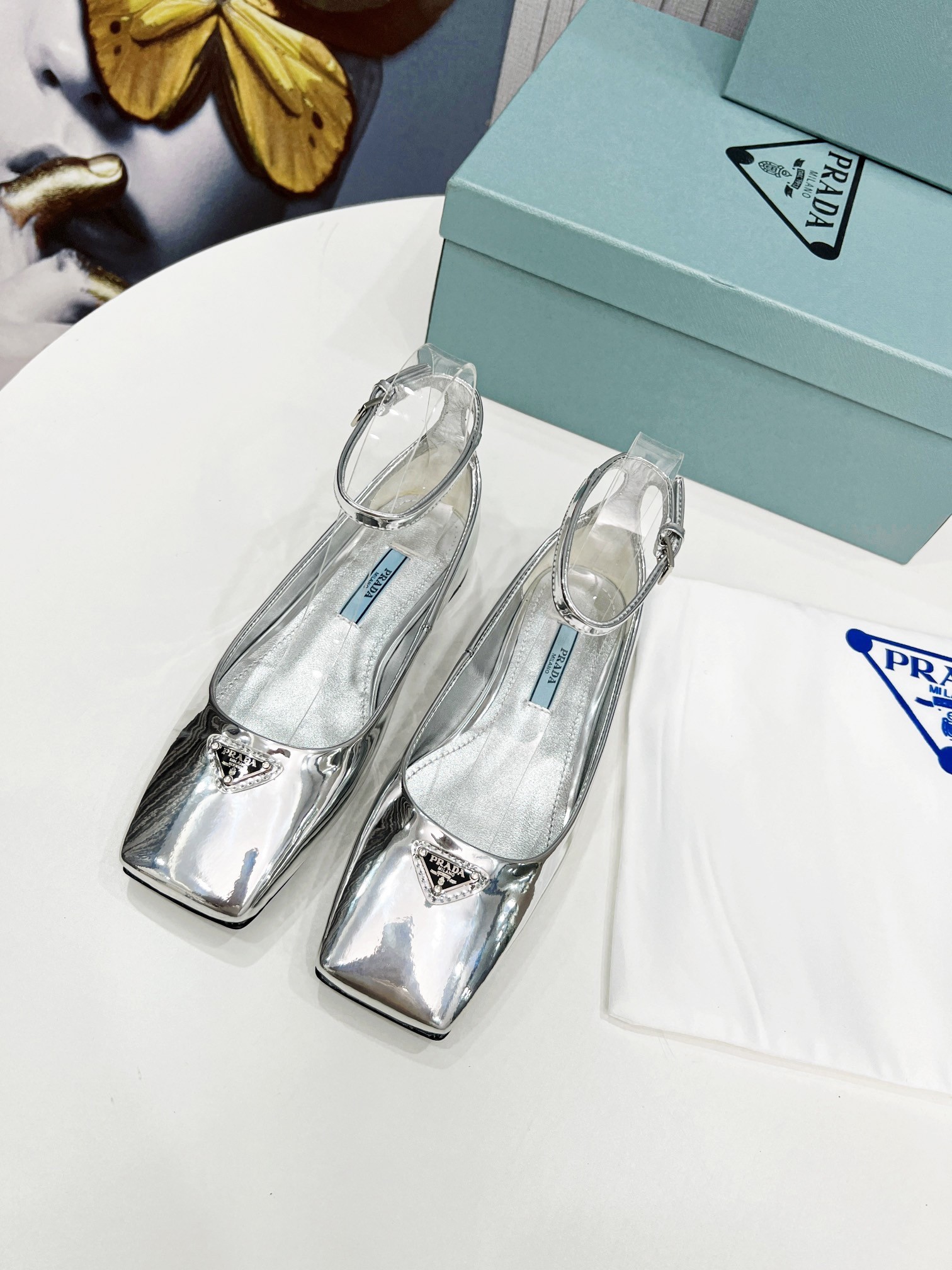 Pra*a ballerinas in silver metallic leather