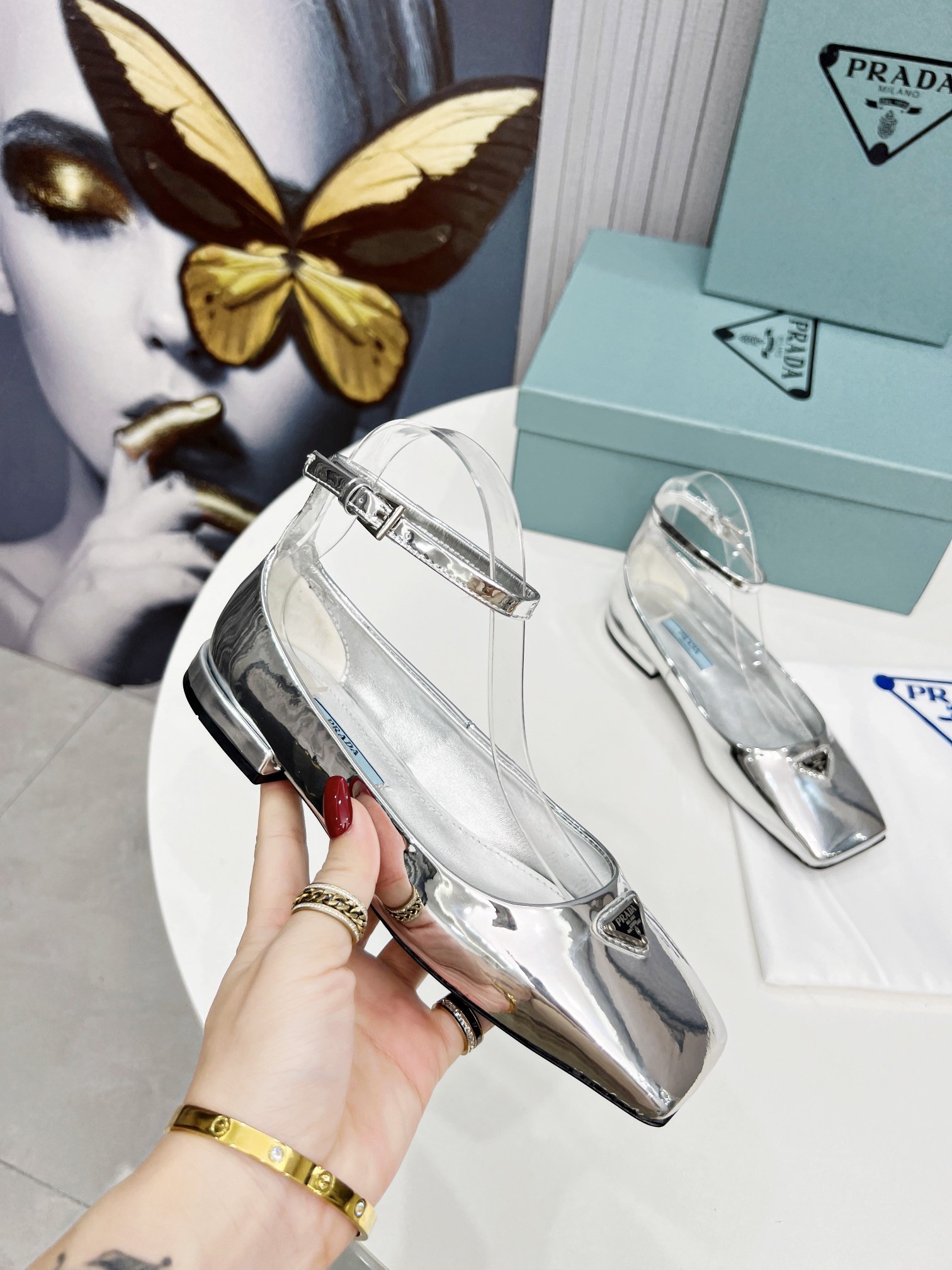 Pra*a ballerinas in silver metallic leather
