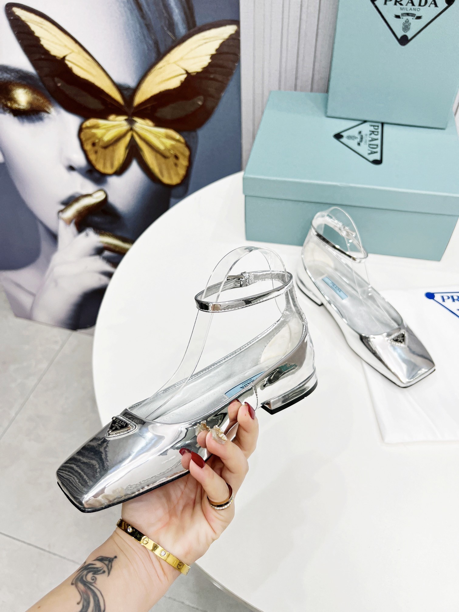 Pra*a ballerinas in silver metallic leather