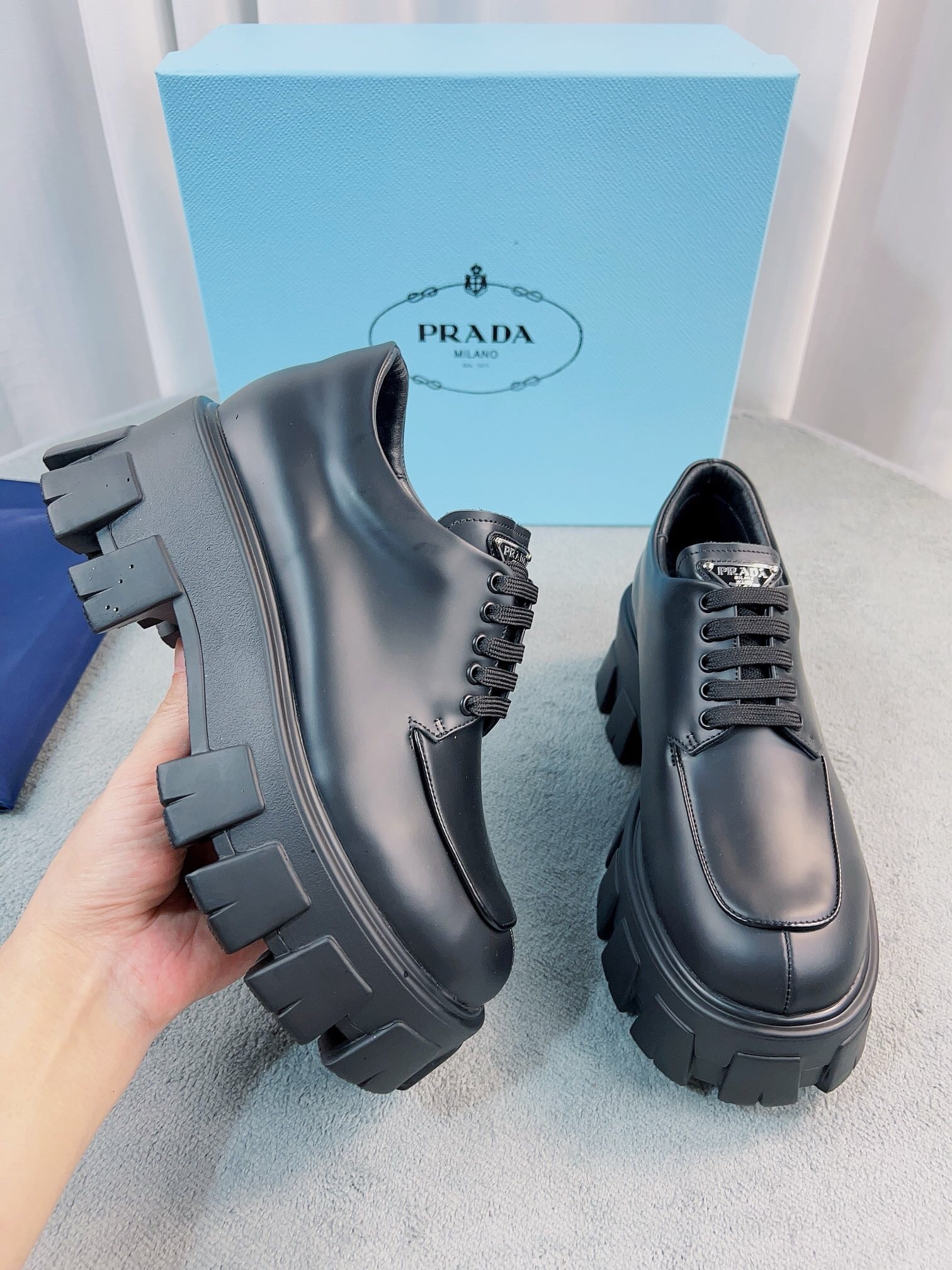 Pra*a monolith lace-up shoes in black brushed leather