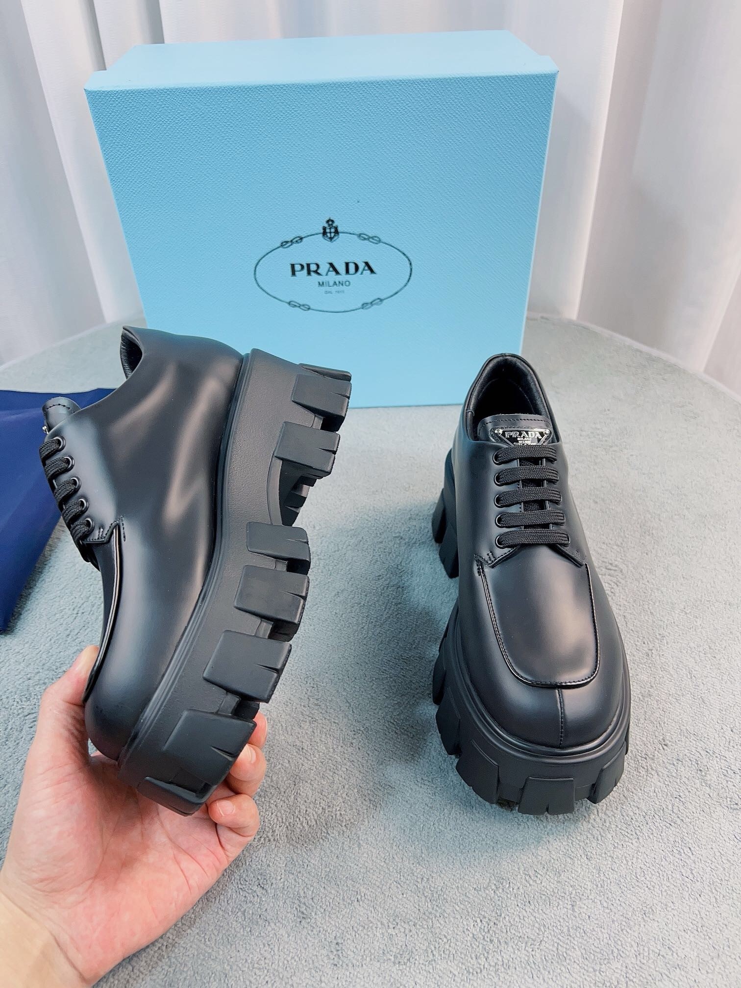 Pra*a monolith lace-up shoes in black brushed leather