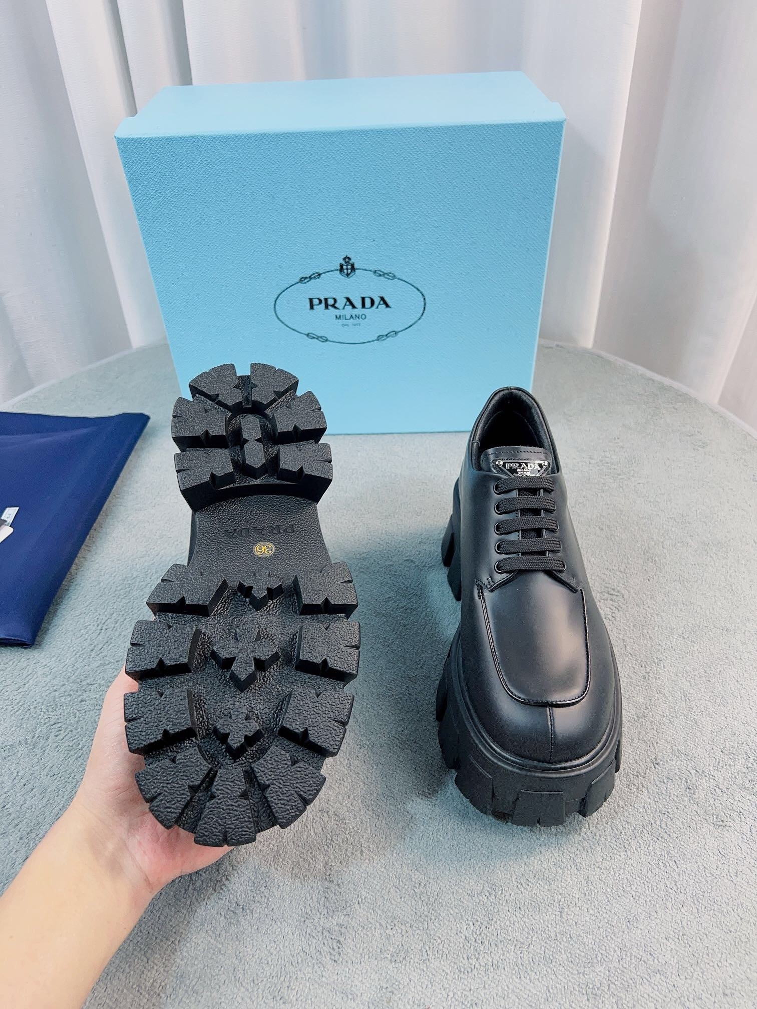 Pra*a monolith lace-up shoes in black brushed leather
