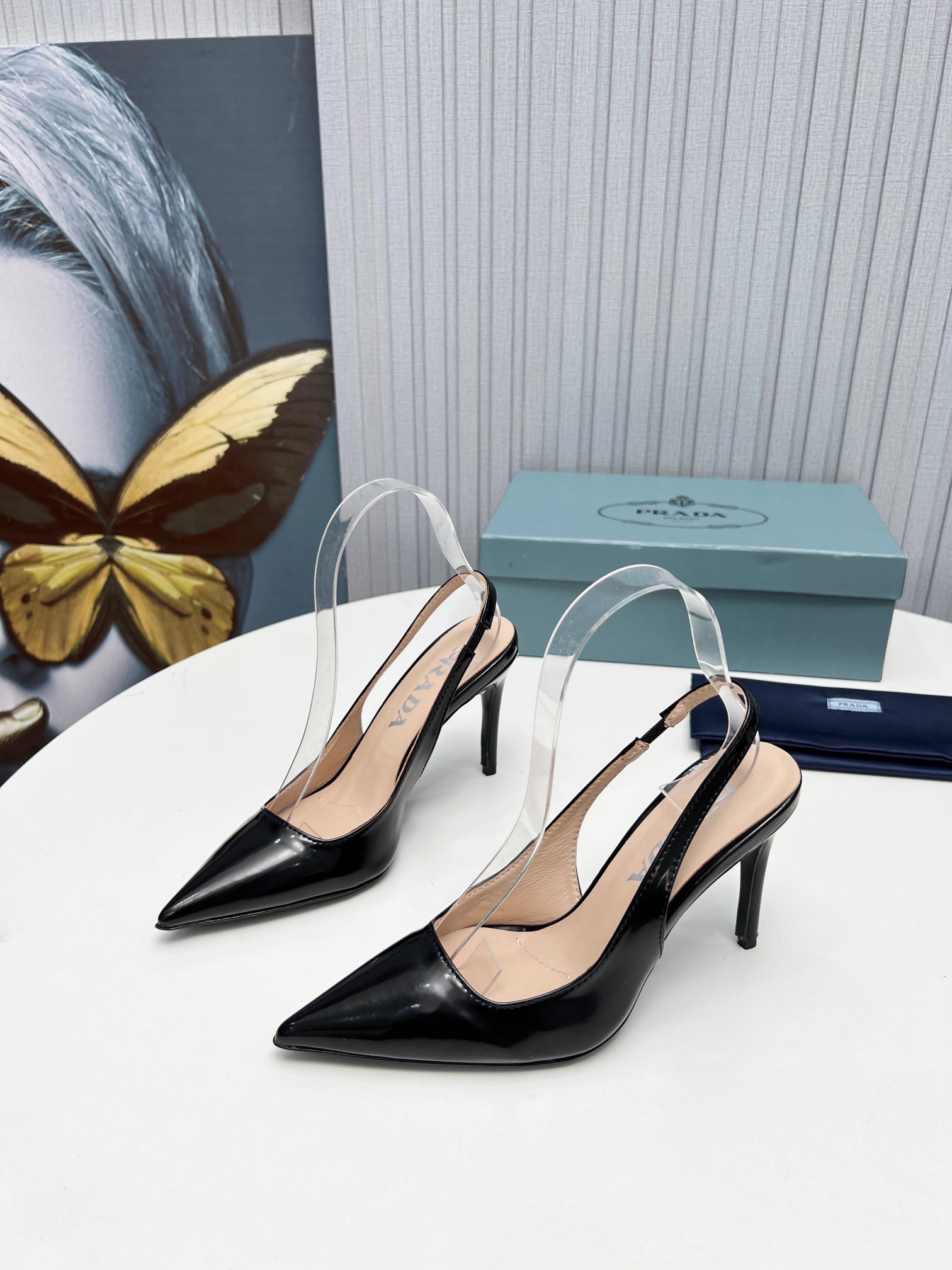 Pra*a slingbacks pumps 95mm in black patent leather